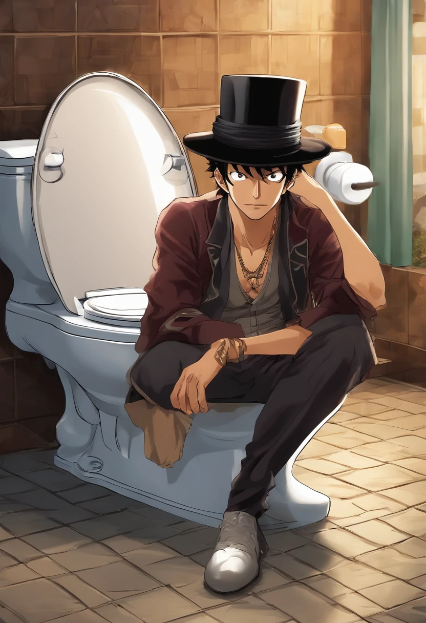 There's a realist man named ussop with a hat and a big nose sitting in an Eiichiro Oda-inspired toilet, from one piece