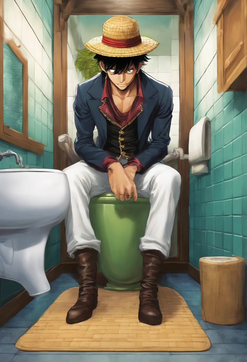 There's a realist man named ussop with a hat and a big nose sitting in an Eiichiro Oda-inspired toilet, from one piece