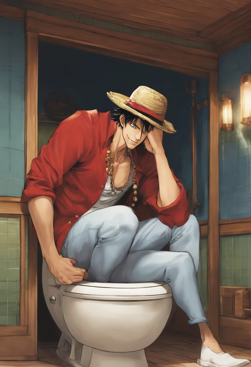 There's a realist man named ussop with a hat and a big nose sitting in an Eiichiro Oda-inspired toilet, from one piece