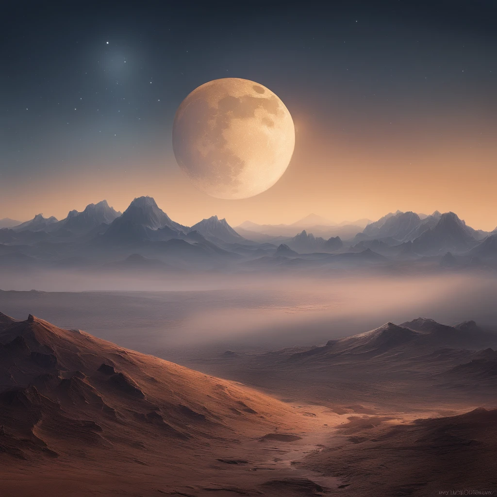 the ground,Skyfall meteorites,craters,A plate of mooncakes on a round paper tube, Letter shaped moon, Sternacht, Thick fog on the ground, Blue light on the horizon, Unreal Engine 5, cinematic ligh, low angle photography, Motion blur, Depth of field,, ultra - detailed, Beautiful, insanely details, intricately details, Edit photography, shot with a 50mm lens, Depth of field, Tilt Blur, Shutter Speed 1/1000, f/22. Lightmaps, Super hell