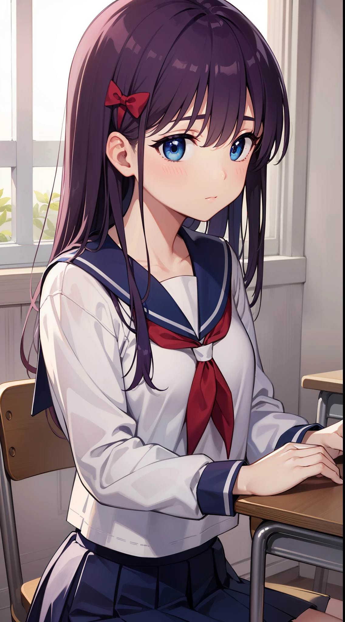 top-quality、masterpiece、1girl in、kawaii、hi-school girl、a miniskirt、Sit with your knees、Kamimei、Staring at me、