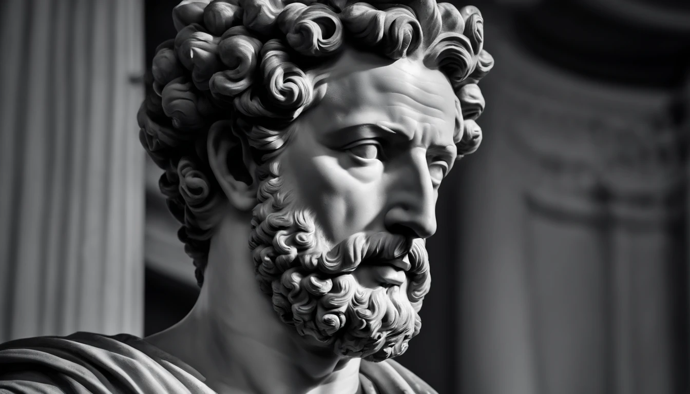 a statue of the stoic Marcus Aurelius in black and white 4K,Face de lado, papel de parede super realista, corpo forte, sem camisa, tronco forte, barriga forte