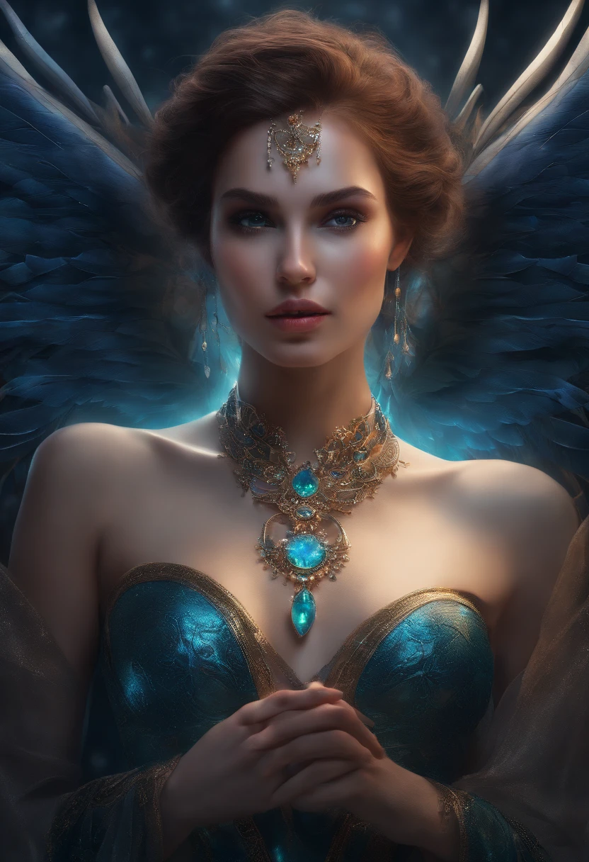 CG art，Young woman，The colors are strange，Bust，magia，Cosmic Fallen Angel, glowing light eyes, Biomechanical, eerie, Creepy, nightmarish, Very bright colors, Light particles, with light glowing, Mshiv, wallpaper art, UHD wallpaper