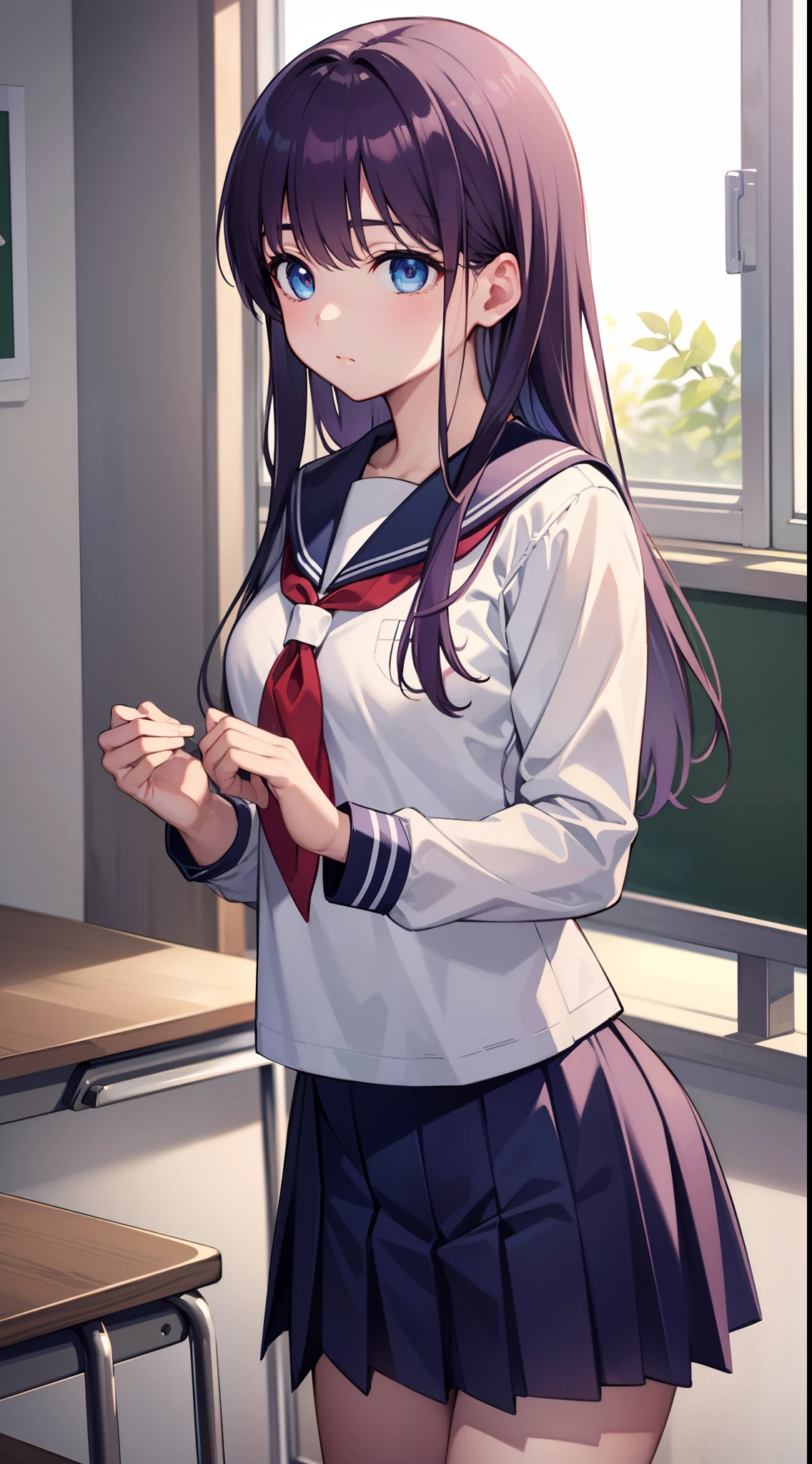 nodokaharamura, Haramura Notoka, Blue eyes, Hair accessories hair bye, Long hair, Purple hair, bow,
Break the blue skirt, Kiyosumi school uniform, Pleated skirt, school uniform, serafuku, short skirt,
looking at viewert,
Break indoors, Classroom,
Break (Masterpiece:1.2), Best quality, high resolution, Unity 8k wallpaper, (illustration:0.8), (Beautiful detailed eyes:1.6), Extremely detailed face, Perfect lighting, Extremely detailed CG, (Perfect hands, Perfect anatomy),