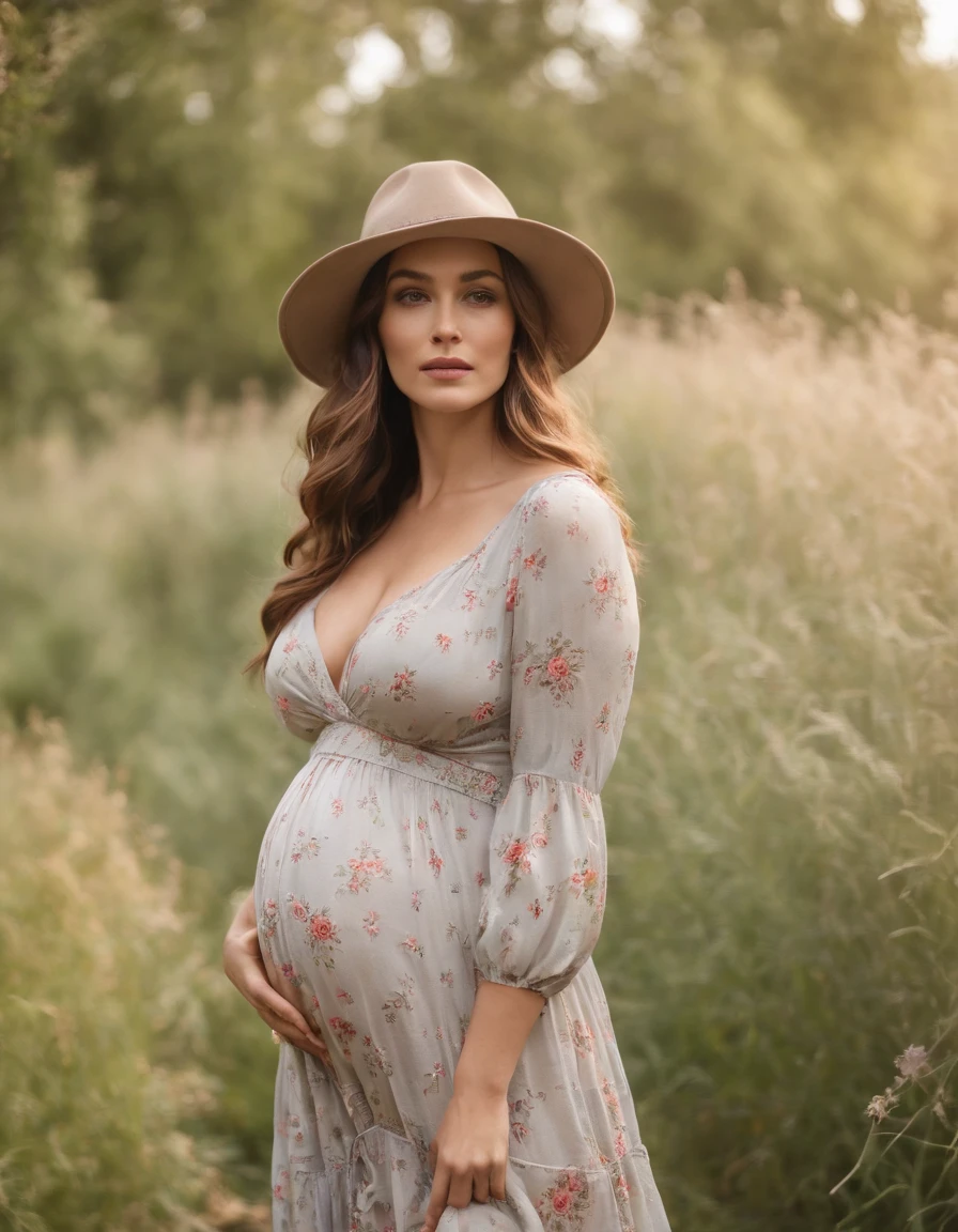 A close-up photo of a pregnant woman dressed in bohemian fashion, Wear a flowing maxi dress with floral prints, layered with a denim jacket and accessorized with a soft hat and vintage accessories. Her hair is styled in loose waves or natural curls. The setting is a sunny park or meadow, avec de longues herbes et des fleurs sauvages,