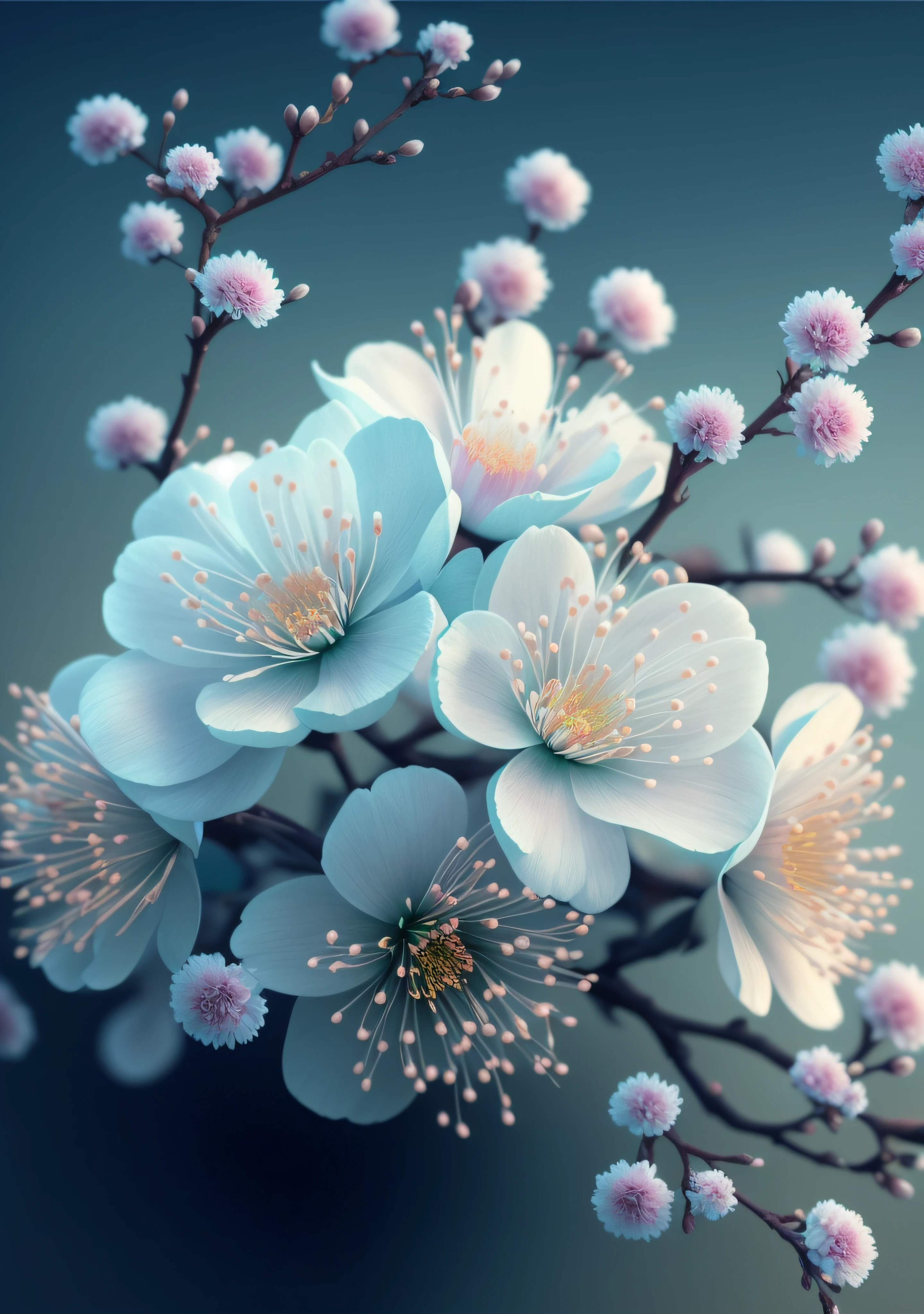 there is a close up of a bunch of flowers on a branch, paul barson, flower blossoms, beautiful digital artwork, beautiful digital art, flowers and blossoms, surreal waiizi flowers, beautiful flowers, blooming flowers, flowers with intricate detail, incredibly beautiful, beautiful art, beautiful composition 3 - d 4 k, gorgeous digital art, sakura flowers