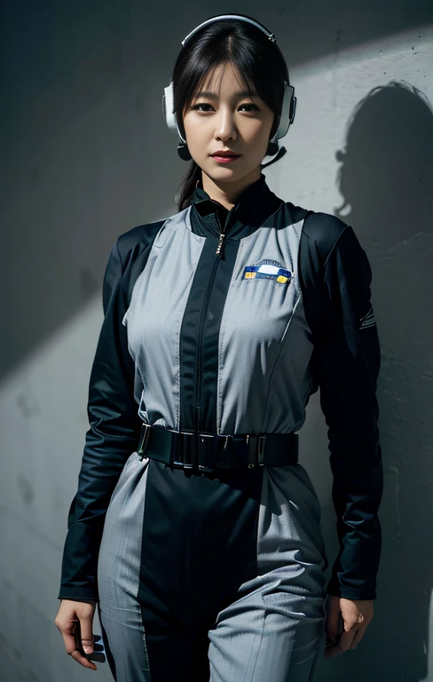 Highest image quality, outstanding details, ultra-high resolution, (realism: 1.4), ((full body:0.5)), the best illustration, favor details, highly condensed 1lady, with beautiful and a delicate face, (wearing racing suit likes police uniform, black and gray mecha, wearing high-tech headset, military harness, holding a machinegun), captain, background simple gray wall,