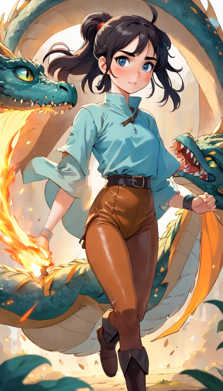 1girl, lily collins, ((freckles)), tan, upper body focus, tunic, crop top, leather leggings, boots, light blue eyes, black hair, big ponytail, fighting a dragon