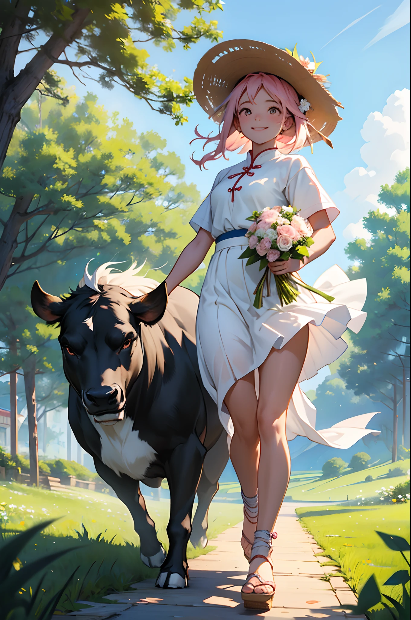 chinese style,A little girl，idyllic scenery，Background image in the field，high detal，超高分辨率，8K分辨率，Ride on the back of a bull，first person perspective，ushio，Bull's eye，Straw Hat Hat，Delicate facial features，adorable smile，Bow headdress，a white long skirt，Broken flowers at the skirt，Over-the-knee，pastel pink，Bouquet in hand，Summer vibe，sensuality，Freehand style。