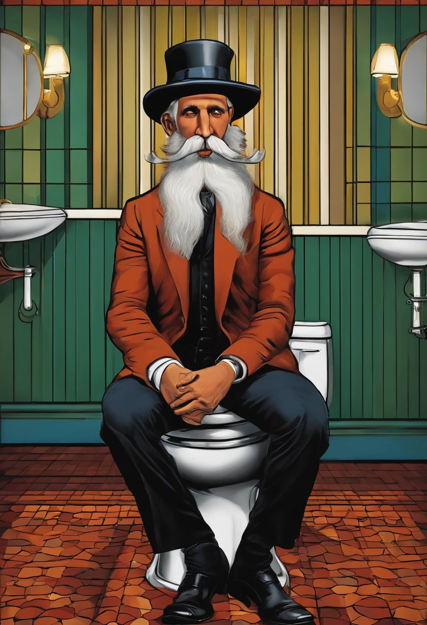 There's a man with a hat and a big nose sitting on a toilet inspired by a piece