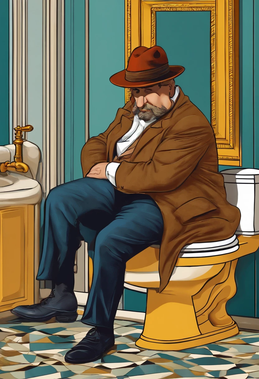 There's a man with a hat and a big nose sitting on a toilet inspired by a piece