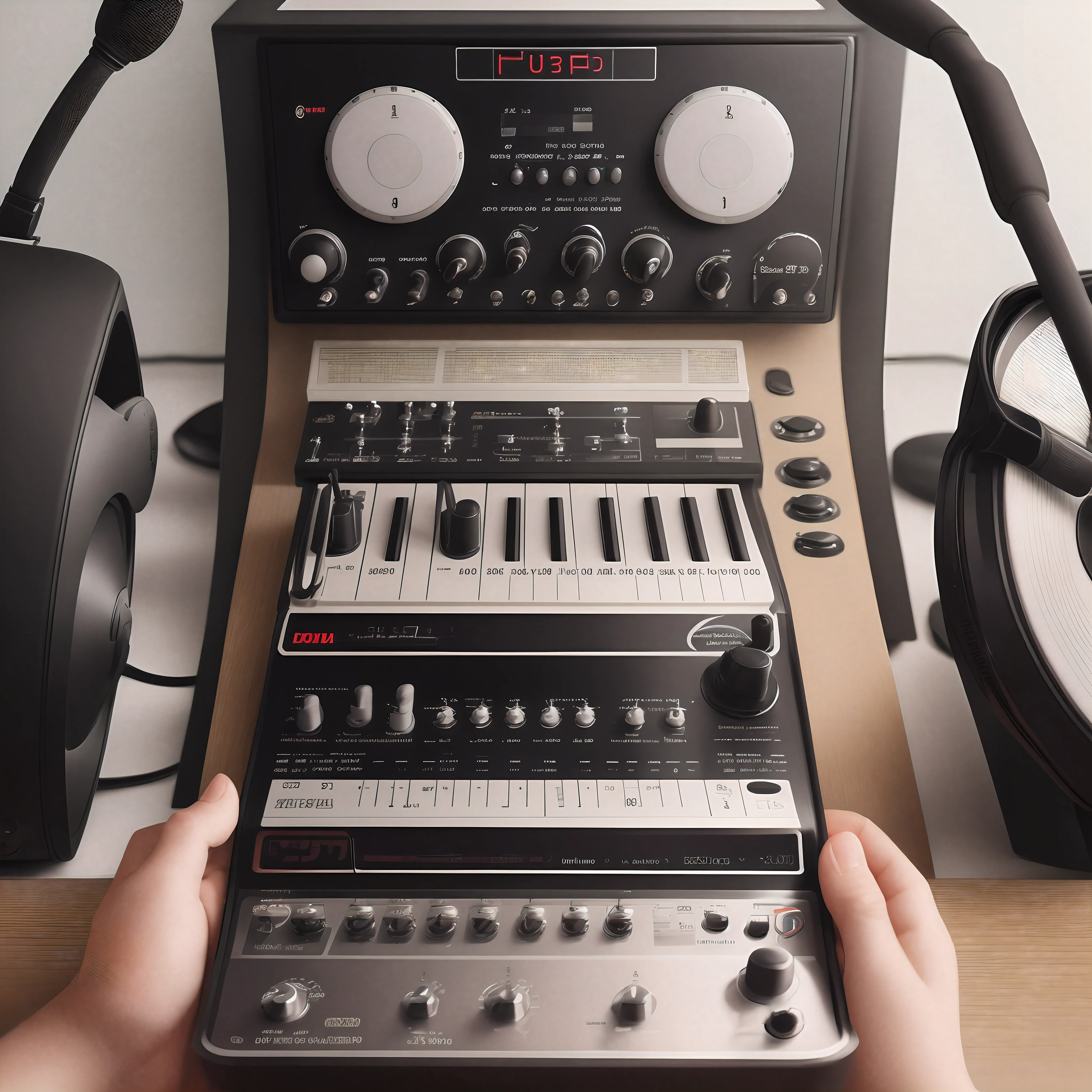 Make 4 images of record music which will follow each other, best image quality, photo realistic