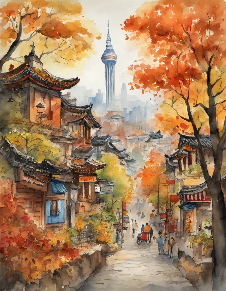 Illustration of the city with many colorful leaves, Korea, Seoul, In the style of a vivid cartoonist, fall,, Jack O's lantern, spices, New York School, Robert Monsch, Concept street art, Movie stills 50d, naturalistic depiction of flora and fauna, Playful cartoons