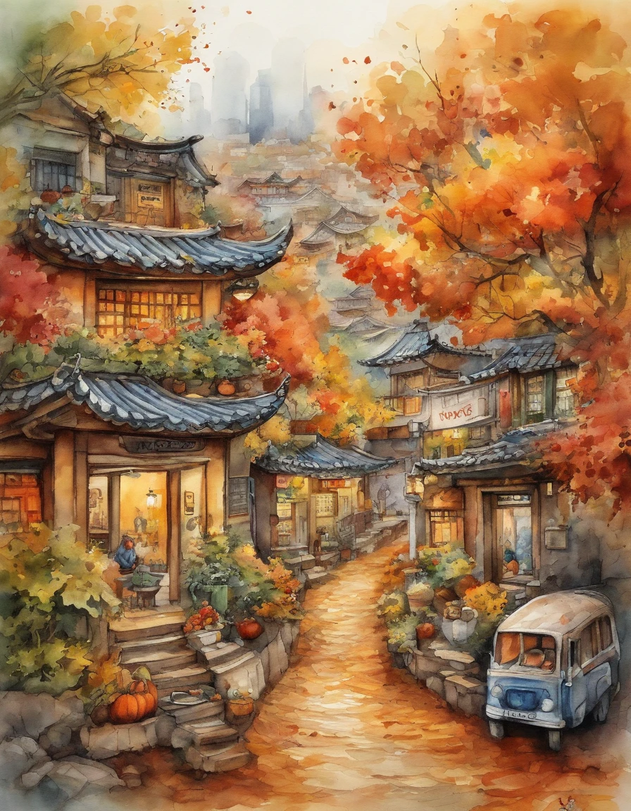 Illustration of the city with many colorful leaves, Korea, Seoul, In the style of a vivid cartoonist, fall,, Jack O's lantern, spices, New York School, Robert Monsch, Concept street art, Movie stills 50d, naturalistic depiction of flora and fauna, Playful cartoons