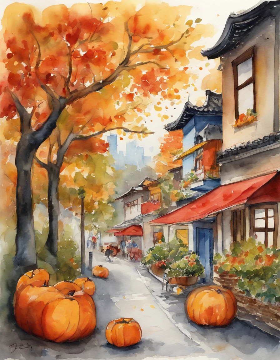 Illustration of the city with many colorful leaves, Korea, Seoul, In the style of a vivid cartoonist, fall,, Jack O's lantern, spices, New York School, Robert Monsch, Concept street art, Movie stills 50d, naturalistic depiction of flora and fauna, Playful cartoons
