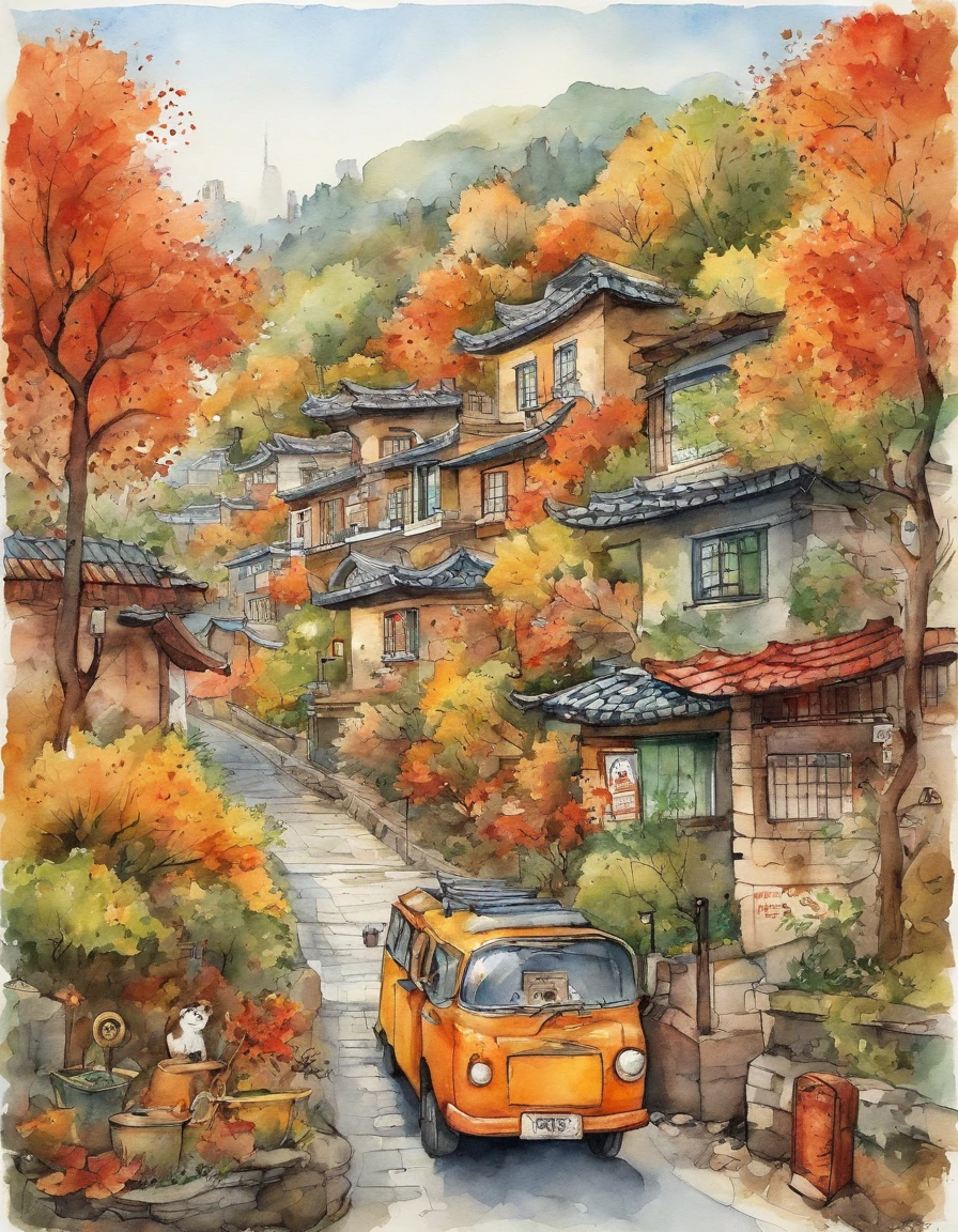 Illustration of the city with many colorful leaves, Korea, Seoul, In the style of a vivid cartoonist, fall,, Jack O's lantern, spices, New York School, Robert Monsch, Concept street art, Movie stills 50d, naturalistic depiction of flora and fauna, Playful cartoons