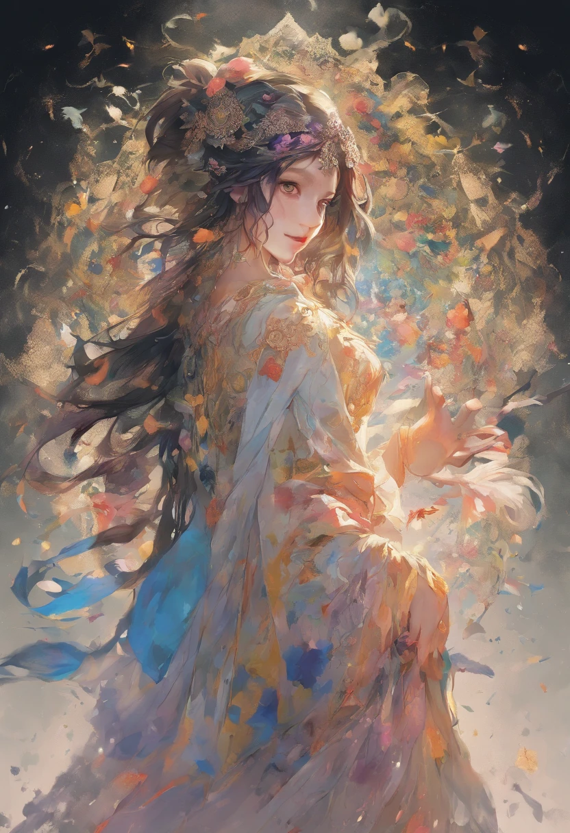 masterpiece, laxmi girl, wearing a saree, black hair, shrouded in shadows, , positano color tones, entirely in frame, FULL BODY, radiating electrical energy, shoulder length messy hair, Full body, Beautiful anime waifu style girl, hyperdetailed painting, luminism, art by Carne Griffiths and Wadim Kashin concept art, 8k resolution, fractal isometrics details bioluminescence , intricately detailed , cinematic, trending on art station Isometric Centered hyper realistic cover photo awesome full color, hand drawn , gritty, realistic, intricate, hit definition , cinematic, Rough sketch, bold lines, on paper, vibrant, epic, ultra high quality model