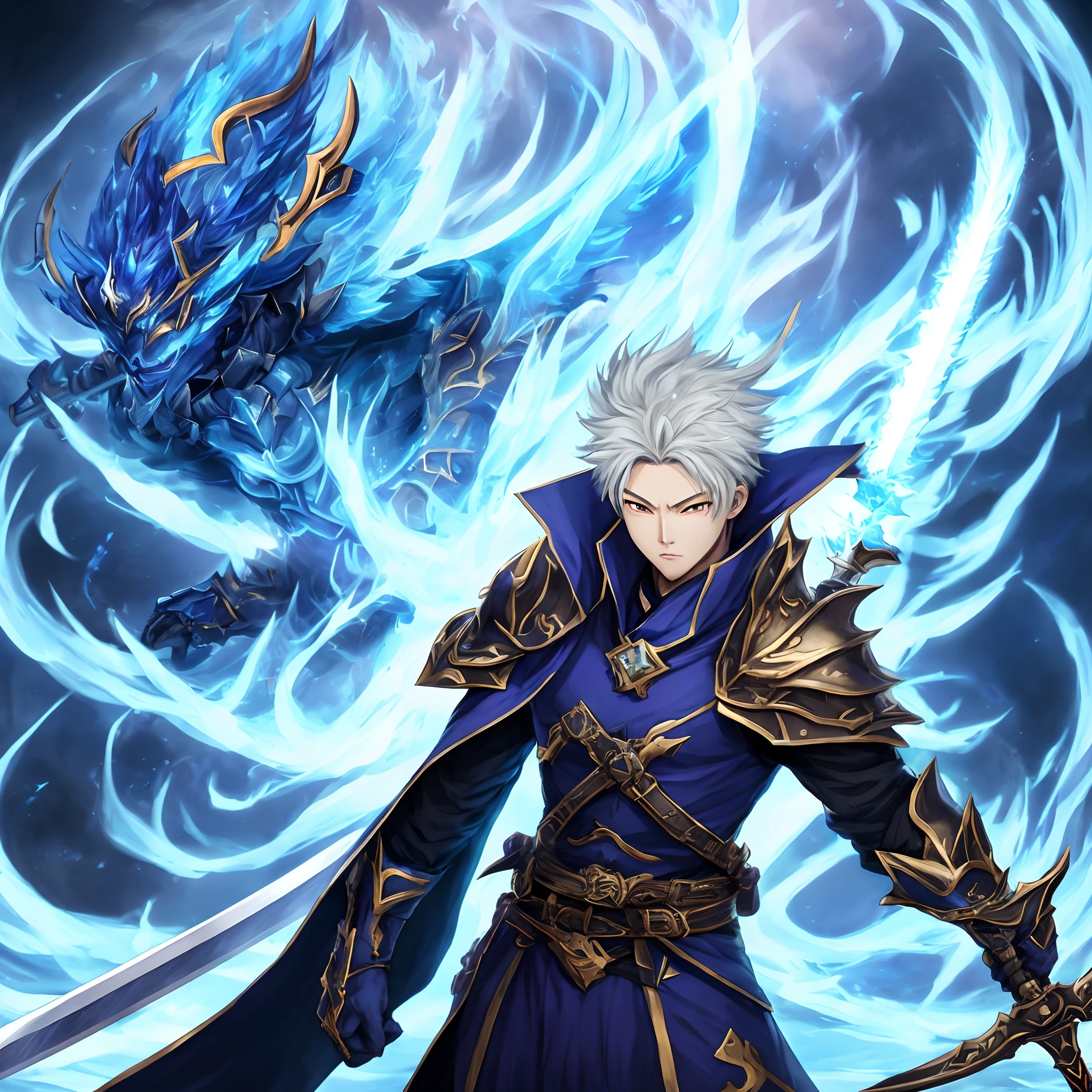 Azure swordman. He is clad in Azure aura. Has a chinese look to him. Has a devil as guardian