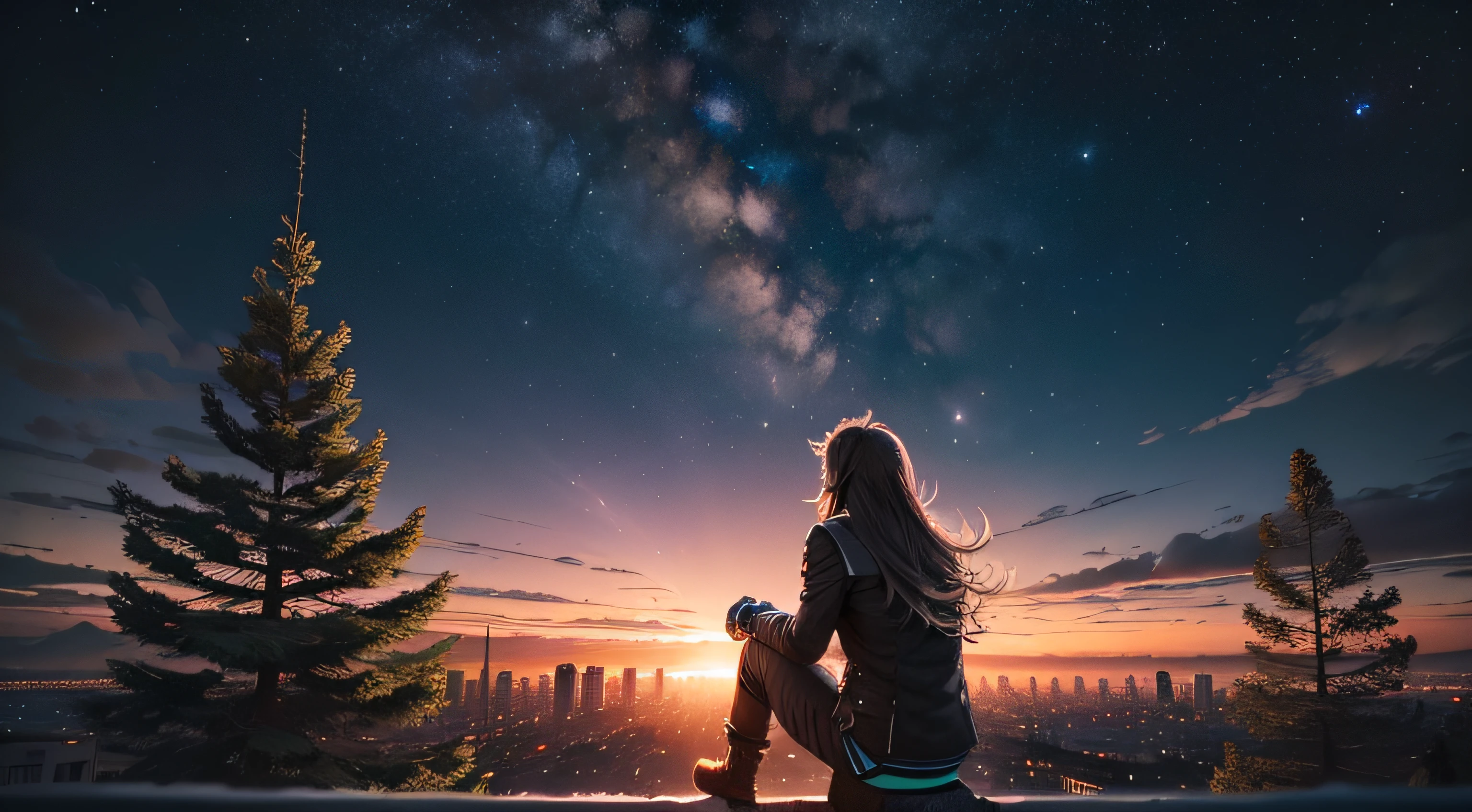 octane, Heaven, stele (Heaven), The landscape, starrysky, natta, 1boys, nigh sky, Solo, exteriors, buliding, ​​clouds, milky ways, Sat down, tree, Long hair, 城市, siluette, view over city