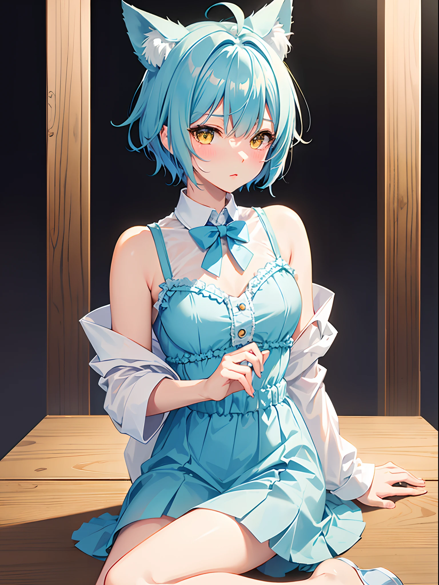 ((4K,masutepiece,Best Quality)), 1girl, cat ears, Beautiful light blue short hair,bangs pinned back,Ahoge,Colored inner hair,Highly detailed beautiful face and yellow eyes,Cute,blush Underwear visible, Sheer shirt