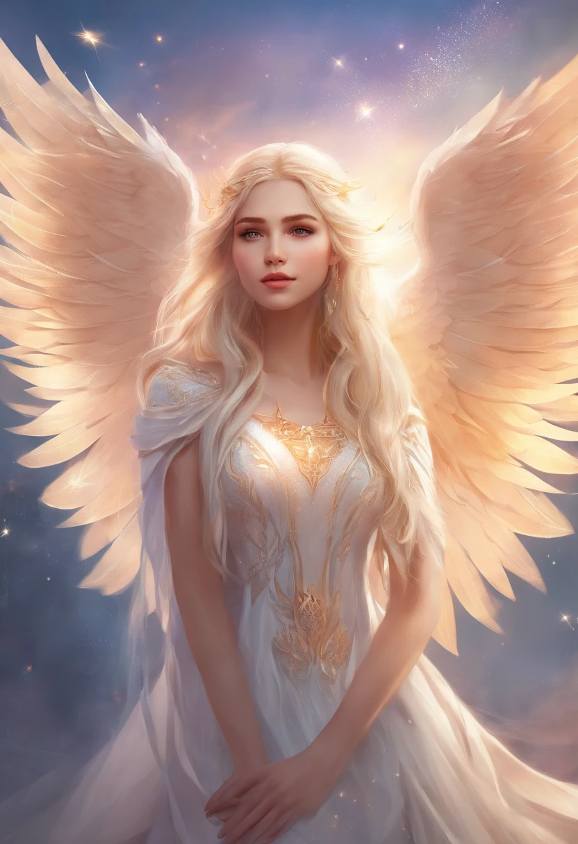 A beautyful girl，Sparkling white wings like an angel and blonde hair