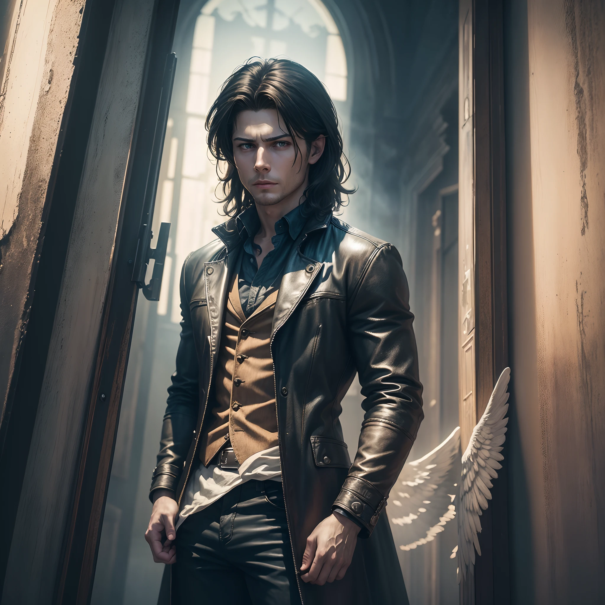 (Sci-fi fantasy), (Masterpiece), (horror) (professional oil painting) (best quality), (8k resolution), Supernatural TV series, Dean Winchester, Jensen Ackles, Sam Winchester, Jared Padalecki, Castiel, The angel, Misha Collins, amazing poster photo, Demons, focous on face features, Angels, Arc angels, show Sam and Deanboth in same photo, Winchester Family, horror background, impressive photo for Winchester brothers