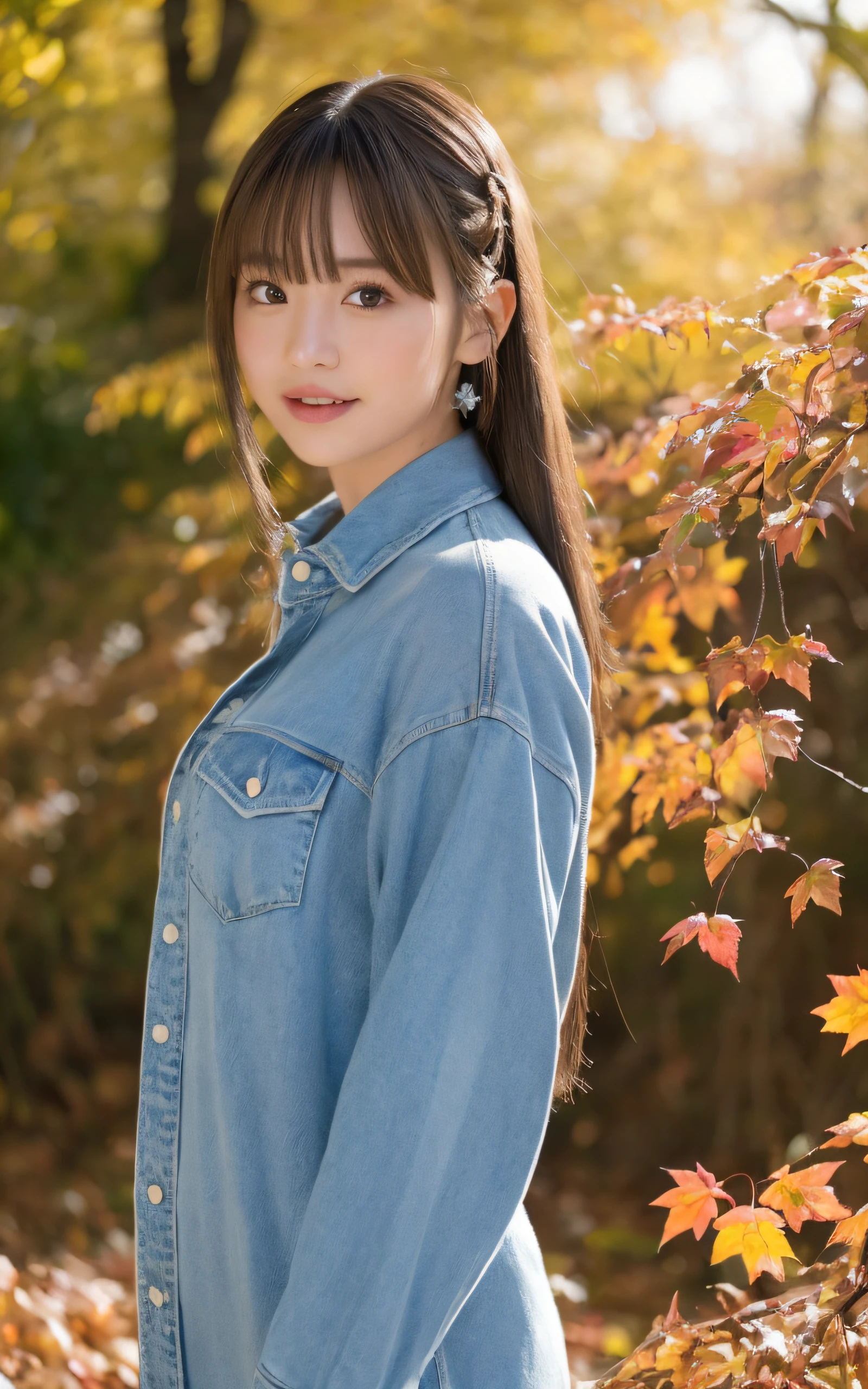 of the highest quality, Realistic, Perfect human body structure, Very detailed, Very delicate and beautiful, Raw photography, Vivid autumn leaves in the mountains, Professional Lighting, Luminescent, depth of fields, Single focal length, ((Full body:1.5)), Smile, Brown hair, small head, Big breasts, Baby face, Beautiful eyes, Real Face, Realistic skin, Detailed eyes, (Fashionable hairstyle: 1.3), Bangs, hposing Gravure Idol, Clothing appropriate for the location, absurderes、incredibly absurd res、Extremely fine,