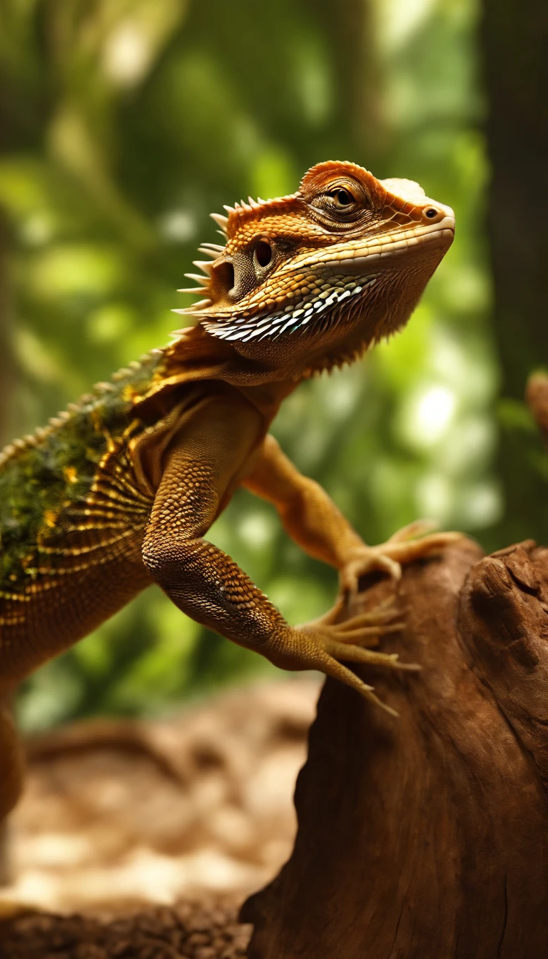 a Bearded Dragon,wood climbing in a glass tank,(best quality,highres,masterpiece:1.2),ultra-detailed,realistic,photorealistic:1.37,detailed scales,expression on its face,warm lighting,glass reflections,vibrant colors,organic textures,scratches on the glass,high-resolution reptile,3D rendering,close-up shot,impressive wood grain,detailed bark,curved branches,stretching tail,engaging eyes,majestic reptile presence,subtle shadows,evoking calmness and curiosity,luminous highlights,endearing gaze
