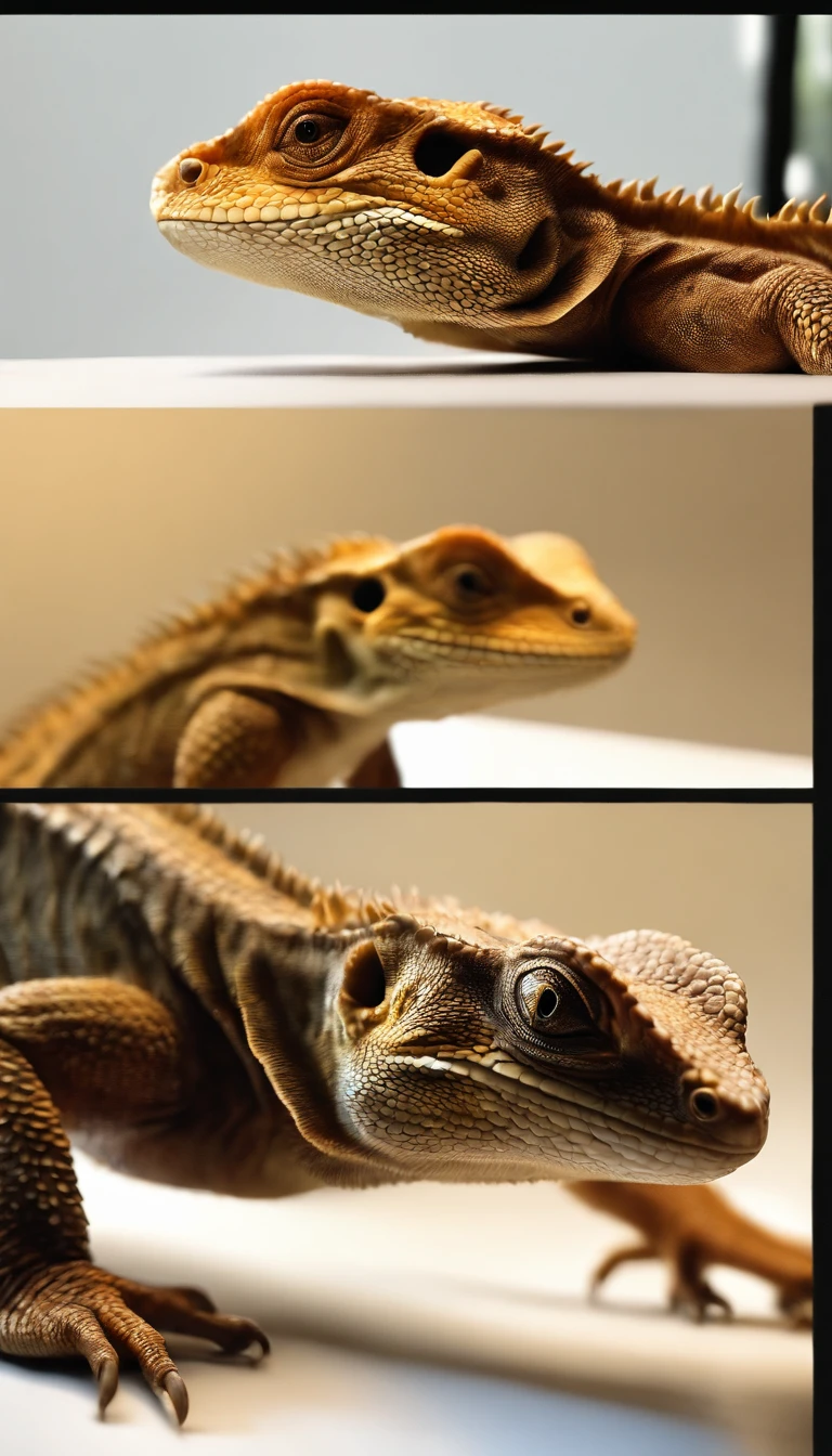 a Bearded Dragon,wood climbing in a glass tank,(best quality,highres,masterpiece:1.2),ultra-detailed,realistic,photorealistic:1.37,detailed scales,expression on its face,warm lighting,glass reflections,vibrant colors,organic textures,scratches on the glass,high-resolution reptile,3D rendering,close-up shot,impressive wood grain,detailed bark,curved branches,stretching tail,engaging eyes,majestic reptile presence,subtle shadows,evoking calmness and curiosity,luminous highlights,endearing gaze