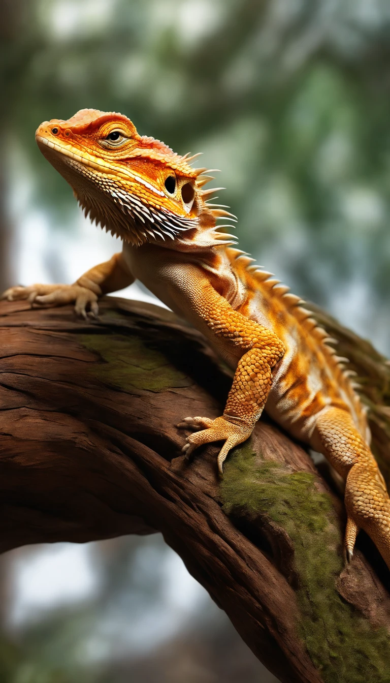 a Bearded Dragon,wood climbing in a glass tank,(best quality,highres,masterpiece:1.2),ultra-detailed,realistic,photorealistic:1.37,detailed scales,expression on its face,warm lighting,glass reflections,vibrant colors,organic textures,scratches on the glass,high-resolution reptile,3D rendering,close-up shot,impressive wood grain,detailed bark,curved branches,stretching tail,engaging eyes,majestic reptile presence,subtle shadows,evoking calmness and curiosity,luminous highlights,endearing gaze