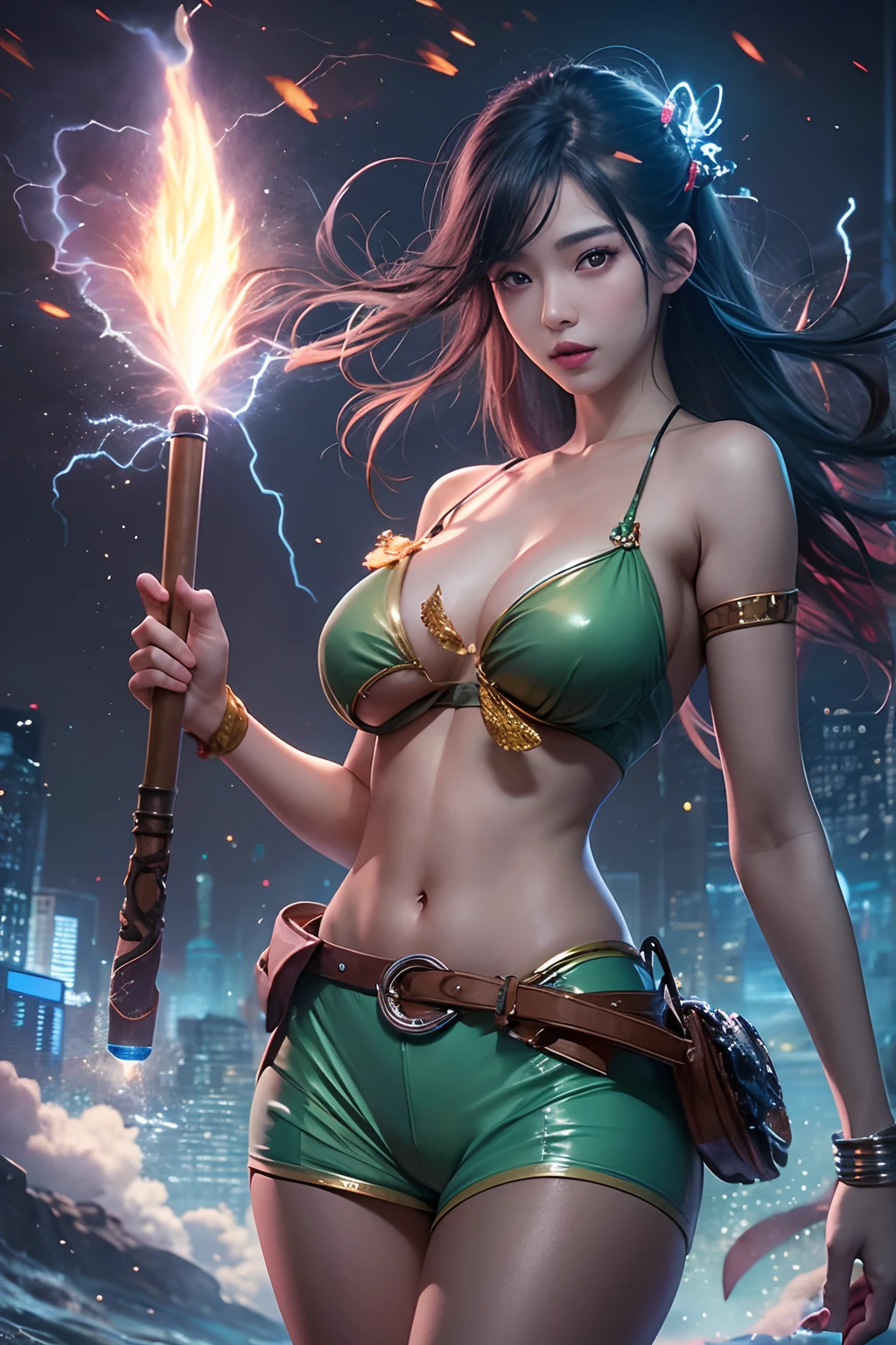 there is a woman in a bikini holding a baseball bat, nami from one piece, nami one piece, deviantart artstation cgscosiety, splashes of lightning behind her, epic digital art illustration, goddess of lightning, epic fantasy digital art style, epic fantasy digital art, 2. 5 d cgi anime fantasy artwork, mermaid cyborg with a laser whip, gorgeous young korean woman, inspired by Kim Deuk-sin, photo of slim girl model, sakimichan, thin waist, taejune kim