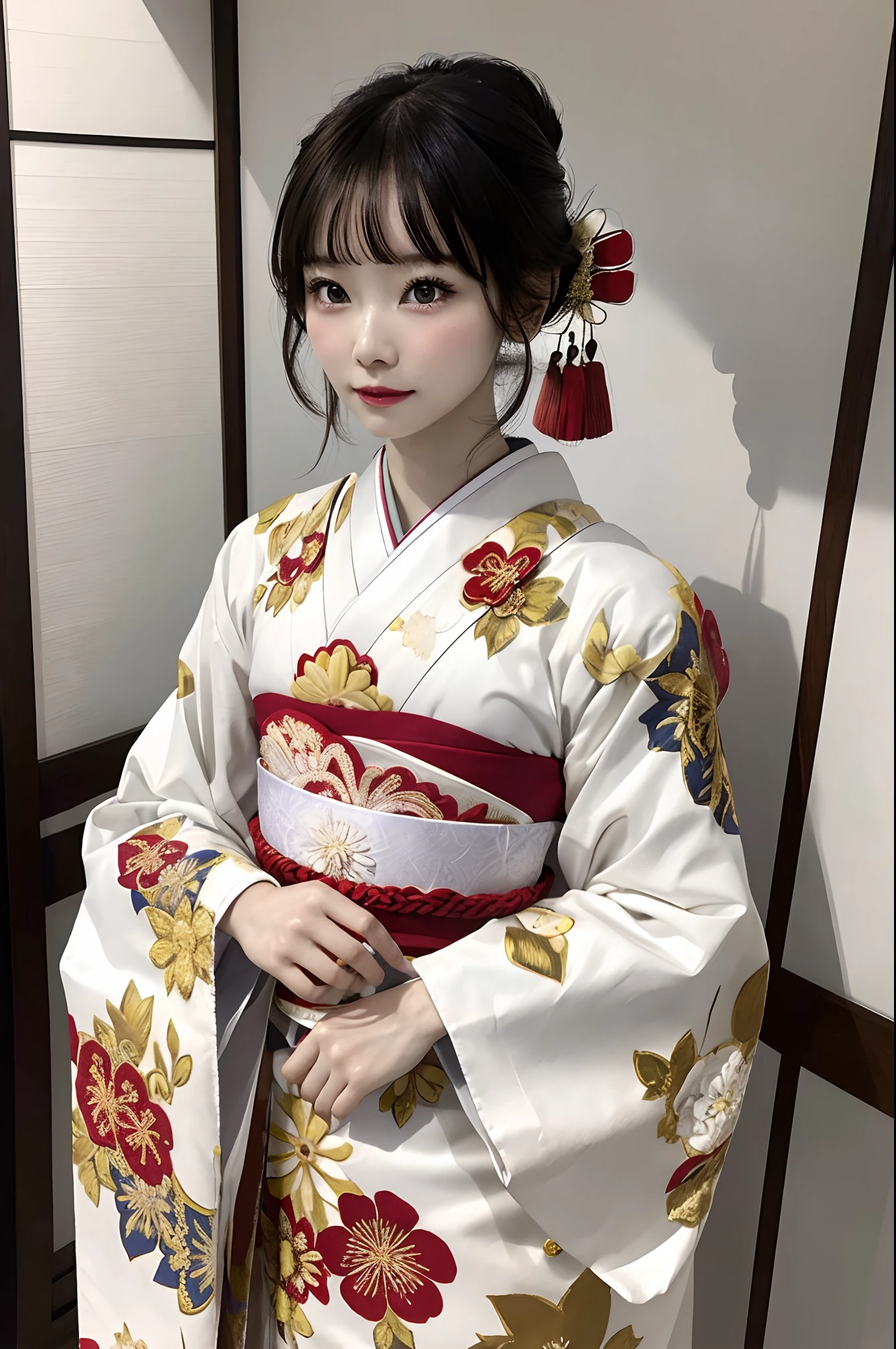 a photo of a pale, 1 college girls,skinny, full body , kanzashi, Japanese national dress, floral Kimono with intricate patterns and fine details, reading parchment
looking at camera, white background, (natural skin texture, hyperrealism, soft light, sharp...