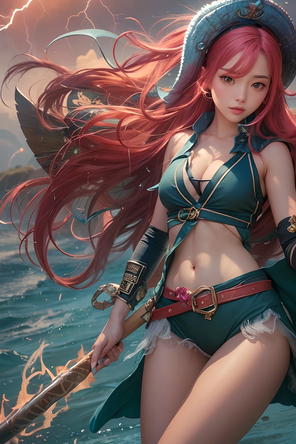 there is a woman in a bikini holding a baseball bat, nami from one piece, nami one piece, deviantart artstation cgscosiety, splashes of lightning behind her, epic digital art illustration, goddess of lightning, epic fantasy digital art style, epic fantasy digital art, 2. 5 d cgi anime fantasy artwork, mermaid cyborg with a laser whip, gorgeous young korean woman, inspired by Kim Deuk-sin, photo of slim girl model, sakimichan, thin waist, taejune kim