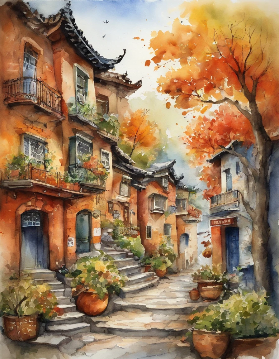 There are many illustrations of cities with colorful leaves, Korea, Seoul, In the style of a vivid cartoonist, fall,, Jack O's lantern, spices, New York School, Robert Monsch, Concept street art, Movie stills 50d, naturalistic depiction of flora and fauna, Playful cartoons