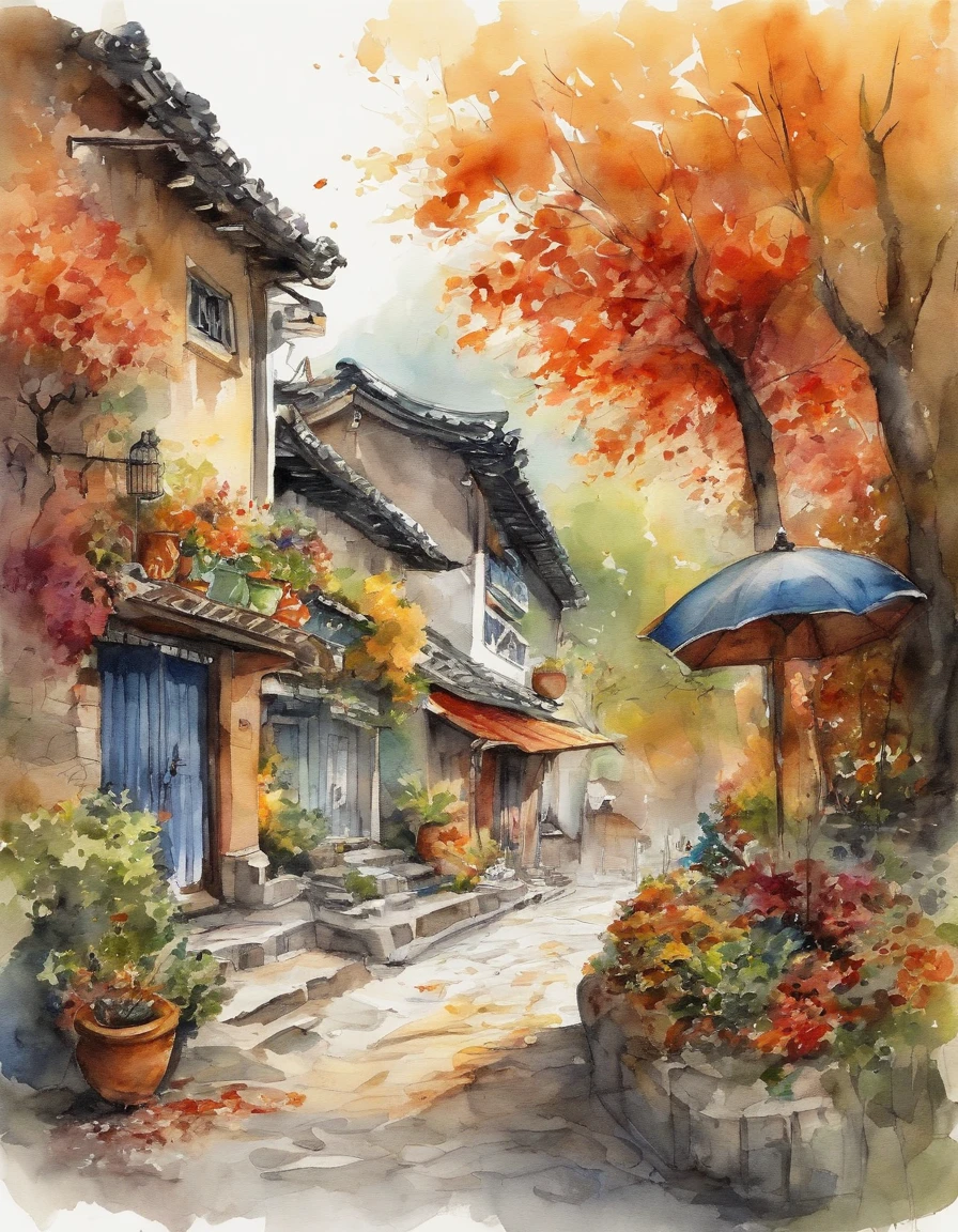 There are many illustrations of cities with colorful leaves, Korea, Seoul, In the style of a vivid cartoonist, fall,, Jack O's lantern, spices, New York School, Robert Monsch, Concept street art, Movie stills 50d, naturalistic depiction of flora and fauna, Playful cartoons
