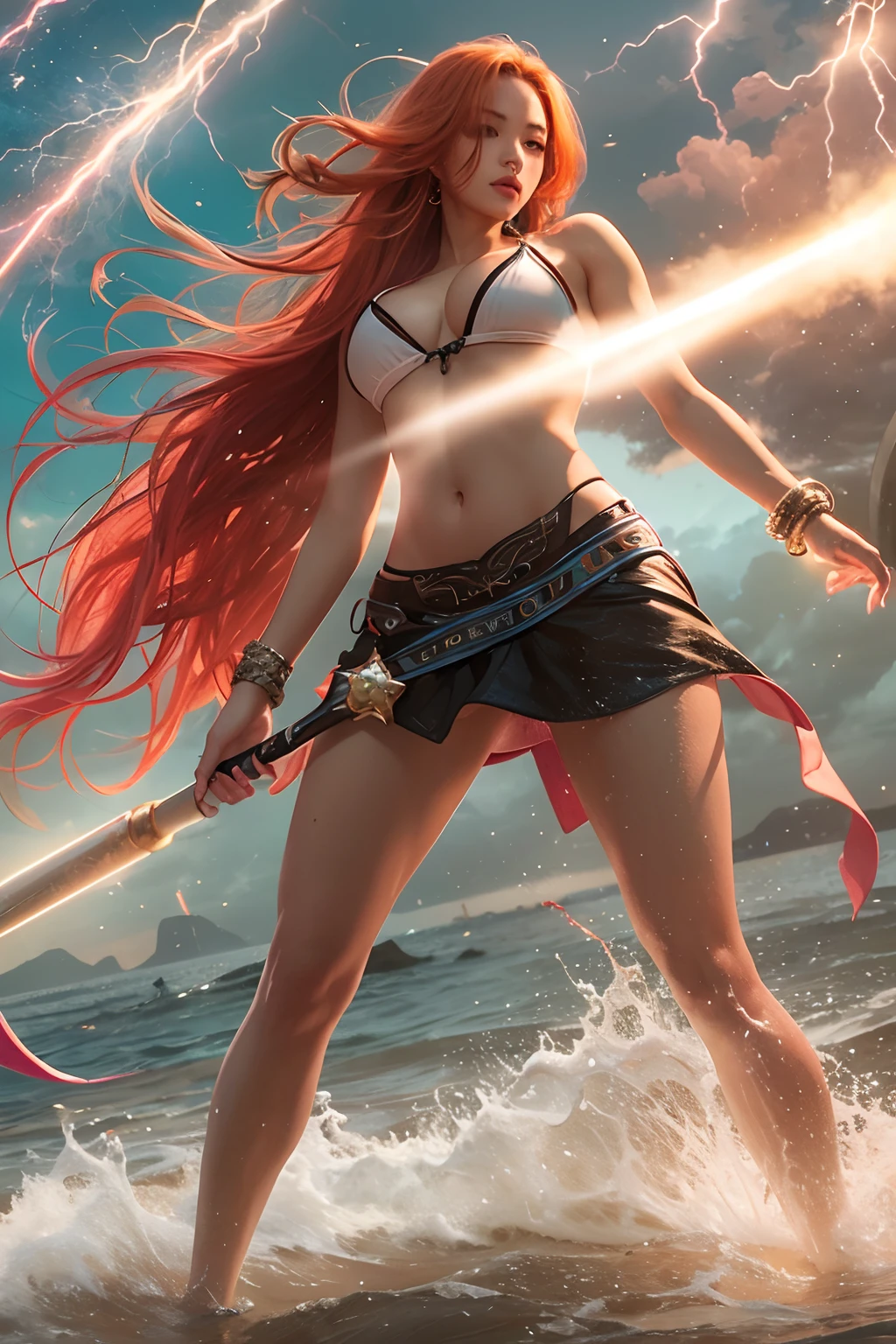 there is a woman in a bikini holding a baseball bat, nami from one piece, nami one piece, deviantart artstation cgscosiety, splashes of lightning behind her, epic digital art illustration, goddess of lightning, epic fantasy digital art style, epic fantasy digital art, 2. 5 d cgi anime fantasy artwork, mermaid cyborg with a laser whip, gorgeous young korean woman, inspired by Kim Deuk-sin, photo of slim girl model, sakimichan, thin waist, taejune kim