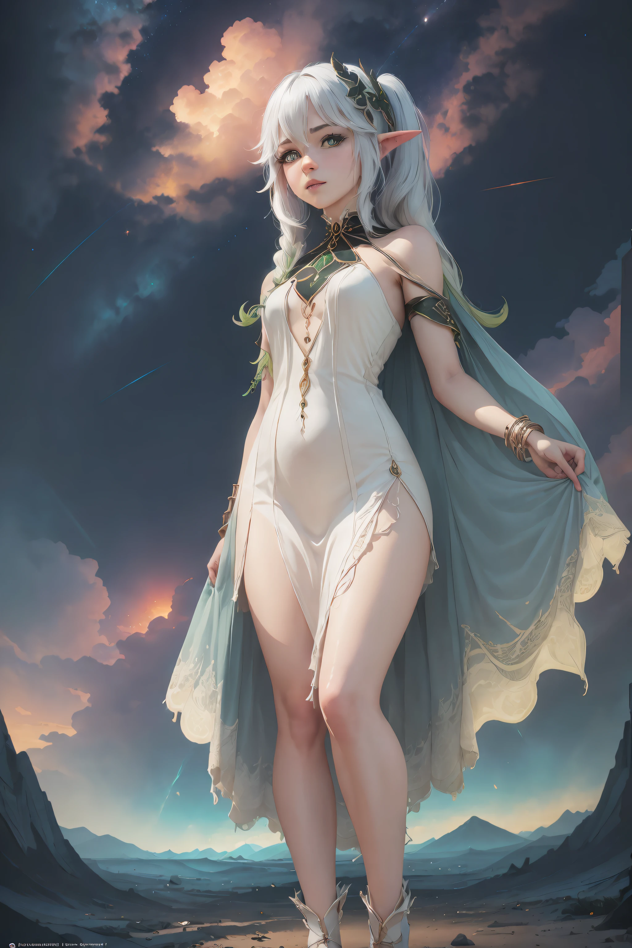 Adult girl standing and looking at the camera, pixie, elf ears, Beautiful elven ears, The girl is dressed in a Gothic dress, Beautiful sky in the background, Zewds, beautiody, Long Dress, floor-length dress, pony tail, High-quality beautiful eyes, beatiful face, High Quality Face, dark sky, Thin, Wet waist, Slender figure, Appearance of the model, confusion, sexuality, Cute beautiful anime woman, detailed digital anime art, beautiful anime girl, beautiful anime girl, Anime with small details, Best Quality, Masterpiece, Ultra-detailed, Beautiful, hight resolution, Original,CG 8K ультрареалистичный, perfect artwork, beatiful face, Face Clean, Skin, hyper realistic, Ultra Detailed, A detailed eye, dramatic  lighting, (Realistic) Realistic, Full HD, Best Quality, Best Quality, Beautiful lighting, (8k wallpaper of extremely detailed CG unit), High Details, sharp-focus, The art of dramatic and photorealistic painting, beautiful smile,