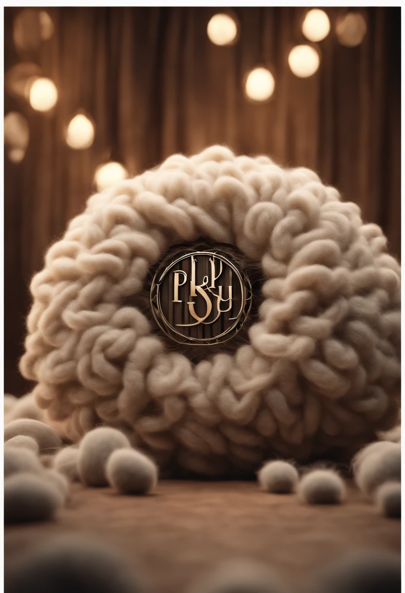 Typographic logo: 3D "PLUSHY" made of fluffy wool, creative background, neutral colors, Energy, esoteric, magical. 3d, high resolution, pretty, dark fantasy, typography, poster, 3d rendering, photo, product, illustration, cinematic, painting