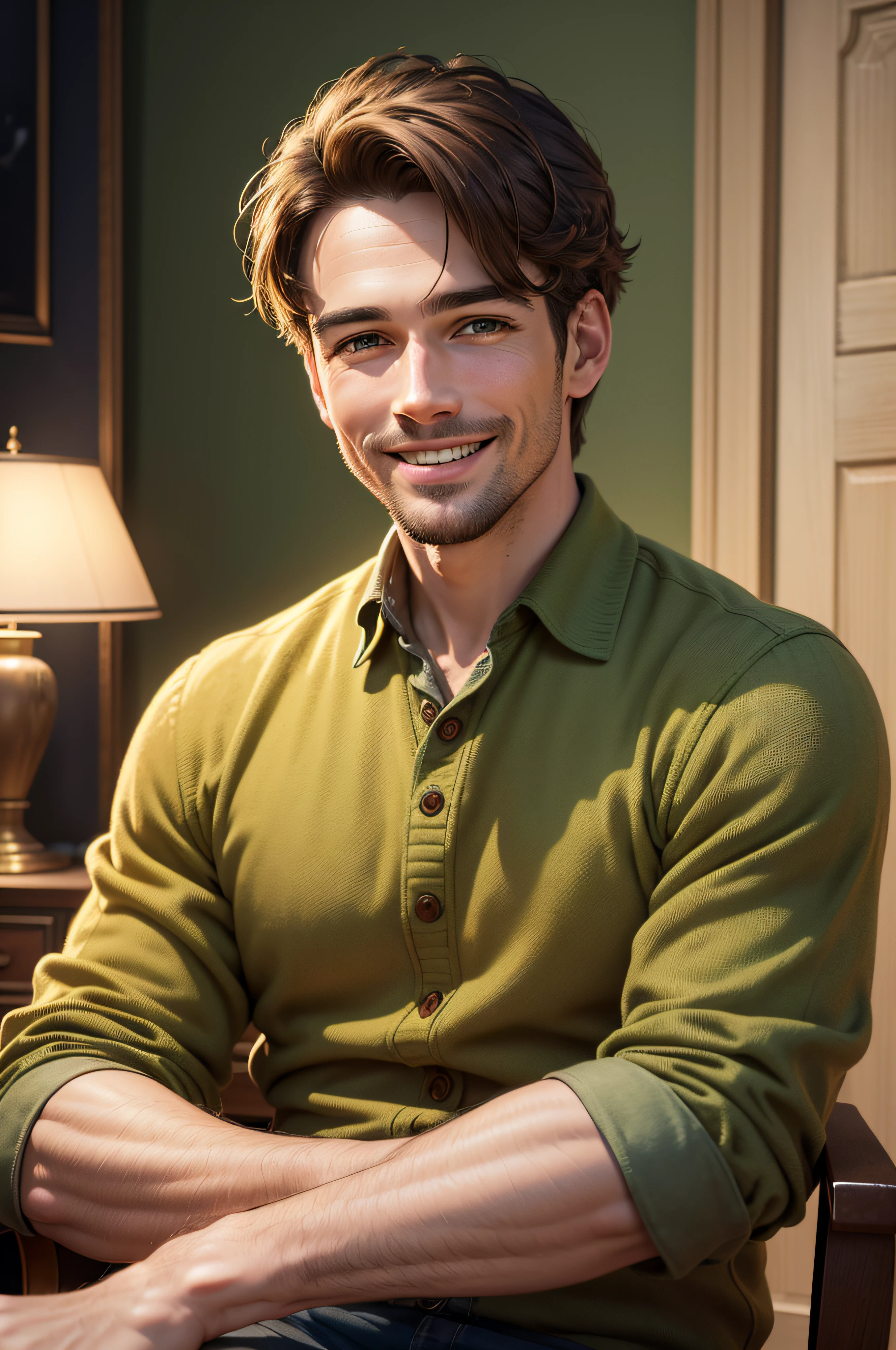 smiling man, looking at the viewer, brown hair, sitting on a chair, vintage art, illustration, detailed, in the living room, green wall, (best quality, 4k, highres, masterpiece:1.2), ultra-detailed, (realistic, photorealistic:1.37), HDR, studio lighting, vivid colors, vintage color tone, warm lighting