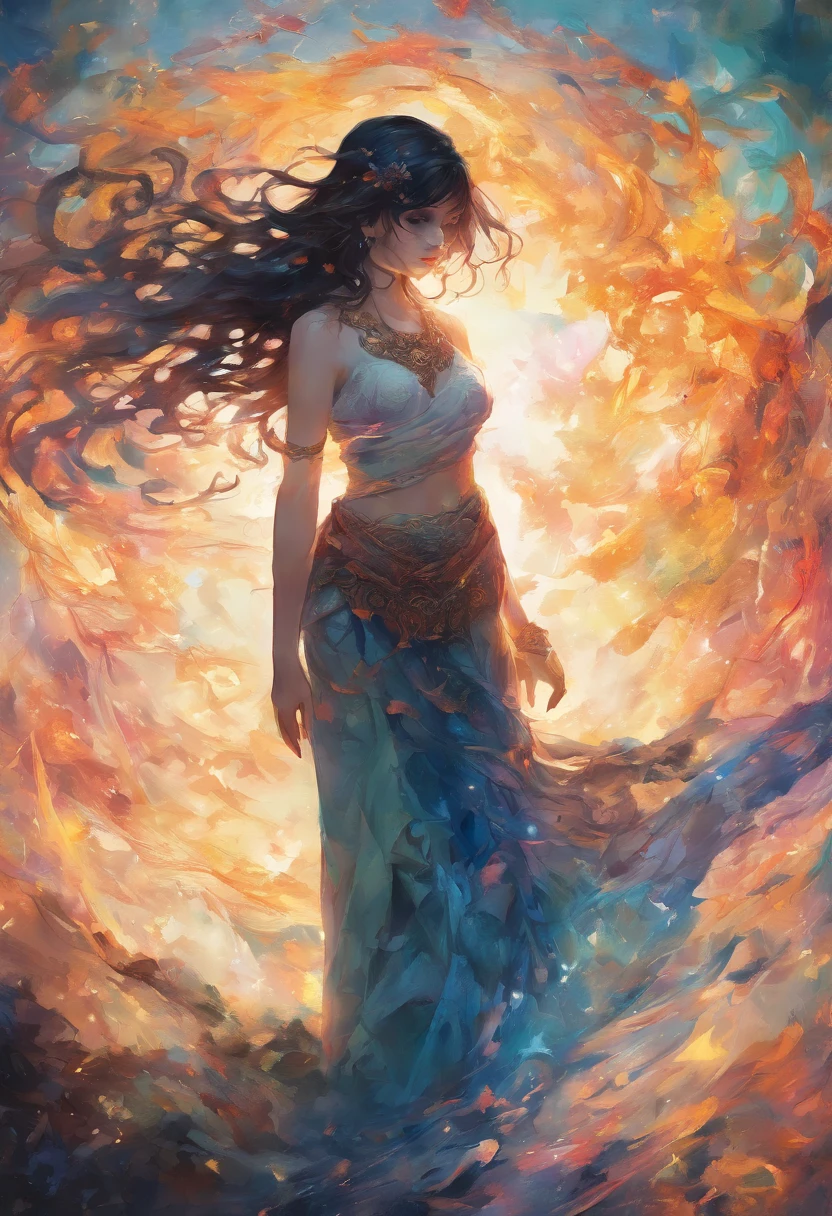 masterpiece, laxmi girl, wearing a saree, black hair, shrouded in shadows, , positano color tones, entirely in frame, FULL BODY, radiating electrical energy, shoulder length messy hair, Full body, Beautiful anime waifu style girl, hyperdetailed painting, luminism, art by Carne Griffiths and Wadim Kashin concept art, 8k resolution, fractal isometrics details bioluminescence , intricately detailed , cinematic, trending on art station Isometric Centered hyper realistic cover photo awesome full color, hand drawn , gritty, realistic, intricate, hit definition , cinematic, Rough sketch, bold lines, on paper, vibrant, epic, ultra high quality model