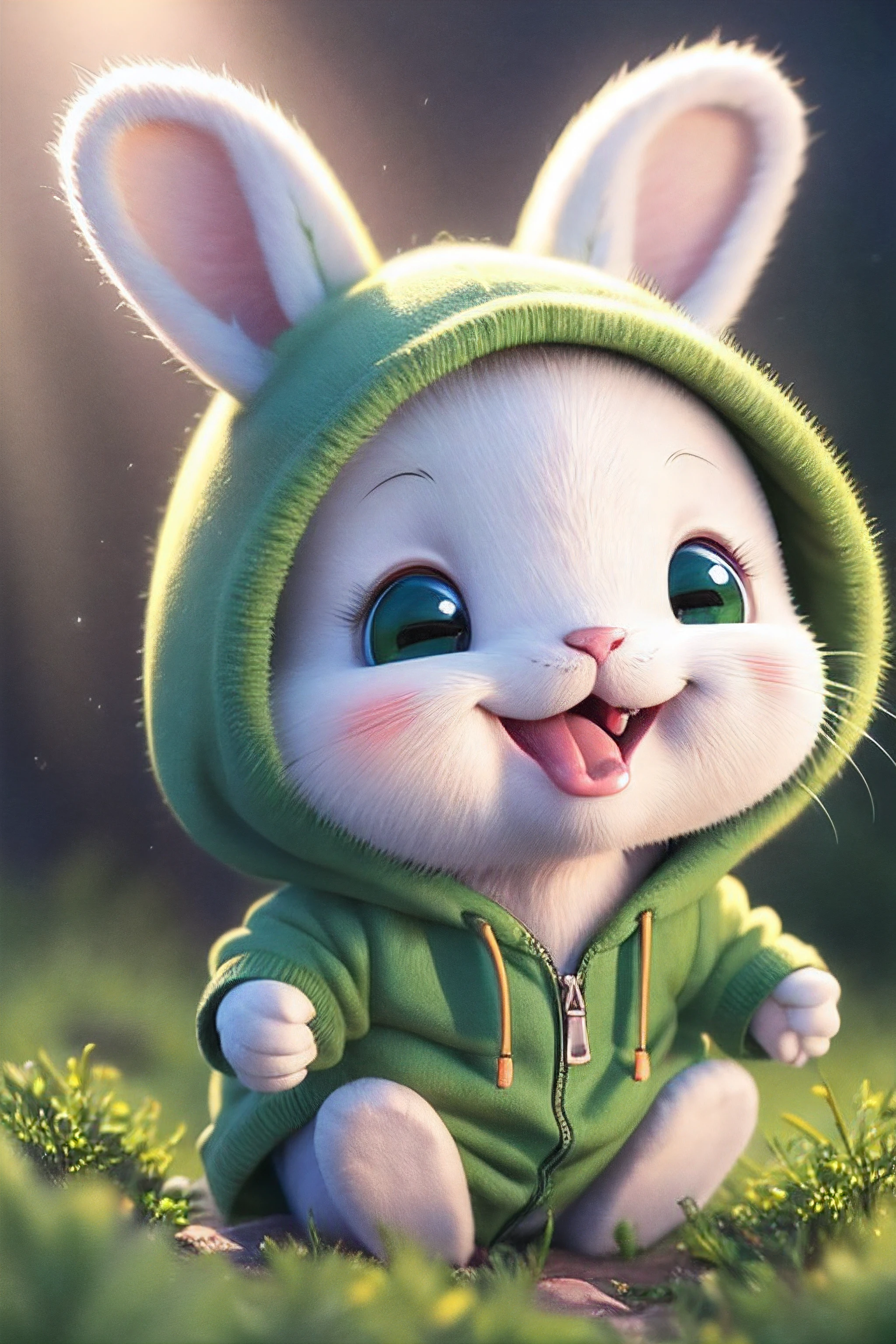 little cute milo bunny wearing a green hoodie mouth open about to bite a carrot, cartoon character, bright lighting, vivid colors, in the forest, disney and pixar style, tilted head showing curiosity,