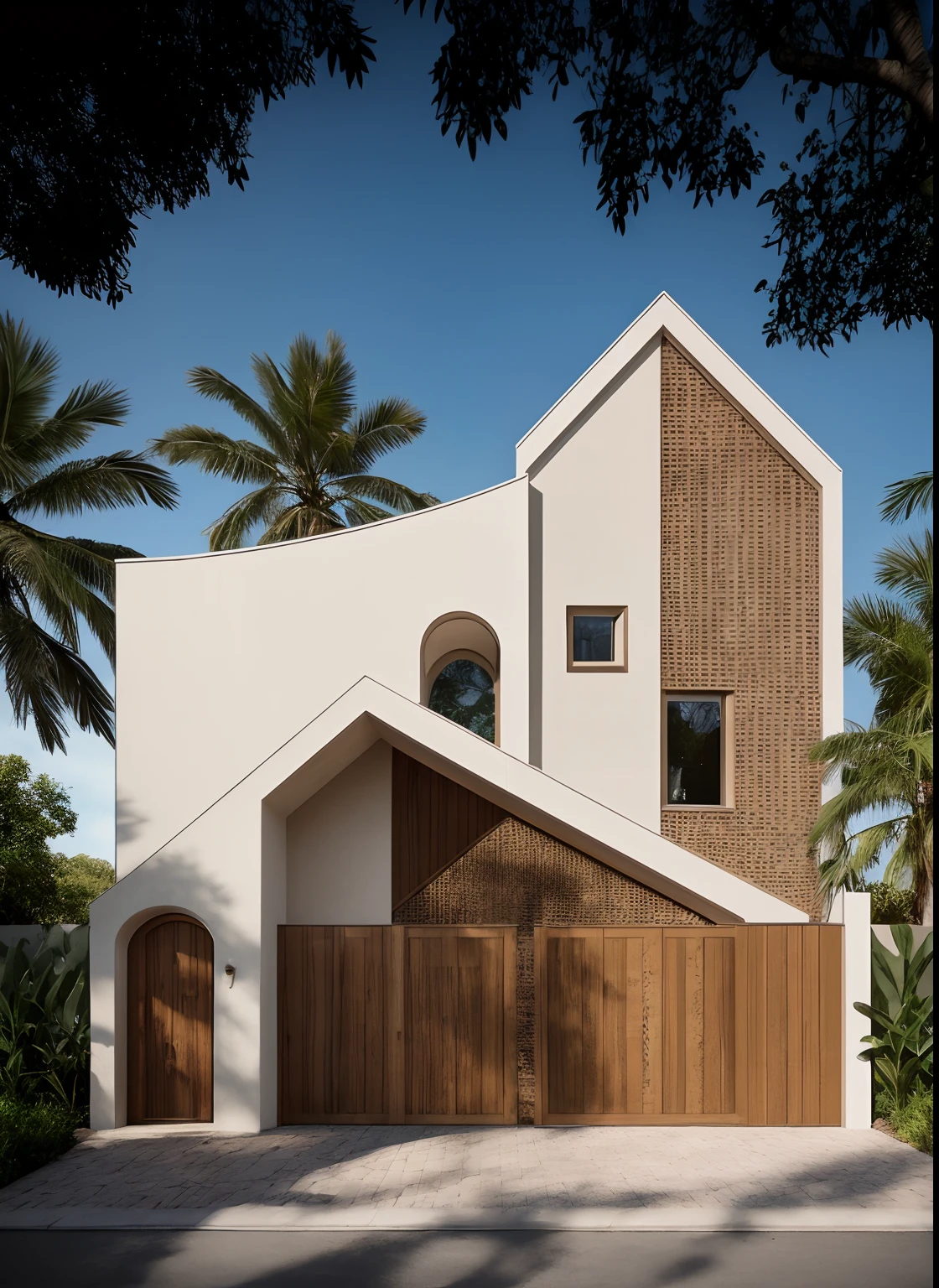 RAW photo,Masterpiece, high quality, best quality, realistic, super detailed,
(exterior: 1.1), modern garden house, material between (brick:1.1) and Terracotta wall, arched door wooden , empty cell wall, beautiful landscape design, wide road in front of the house, (tropical trees), blue sky, soft daylight lightweight,
(high detail: 1.2) ), 8k uhd, high quality