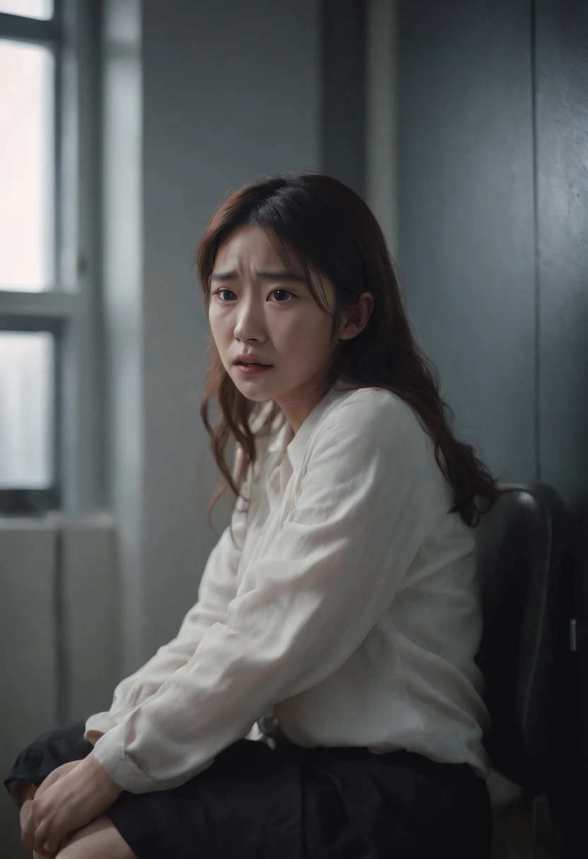 hyper realistic images of a scary young japanese girl crying sitting on top of a cubicle. hi-fi, wide shot, soft lighting for horror, 8k. Emphasize details that you can see the cubicle and it's wall where the ghost sits, the face is scary, ghostly, sinister, perfect for a jump scare and with an eerie and scary vibe. Hyper detail, UHD, creepy pasta, use blending of red, and white colors.
