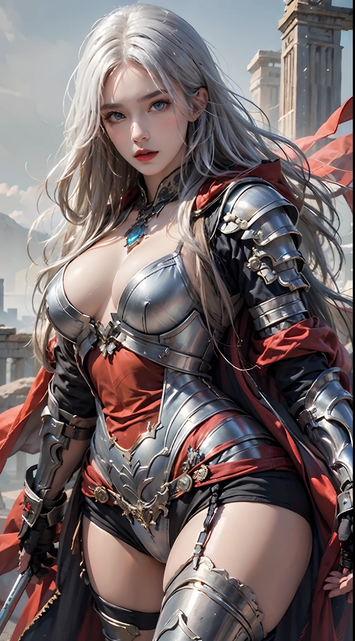 photorealistic, high resolution, soft lights, 1women, solo, hips up, blue eyes, full armor, red armor, cloak