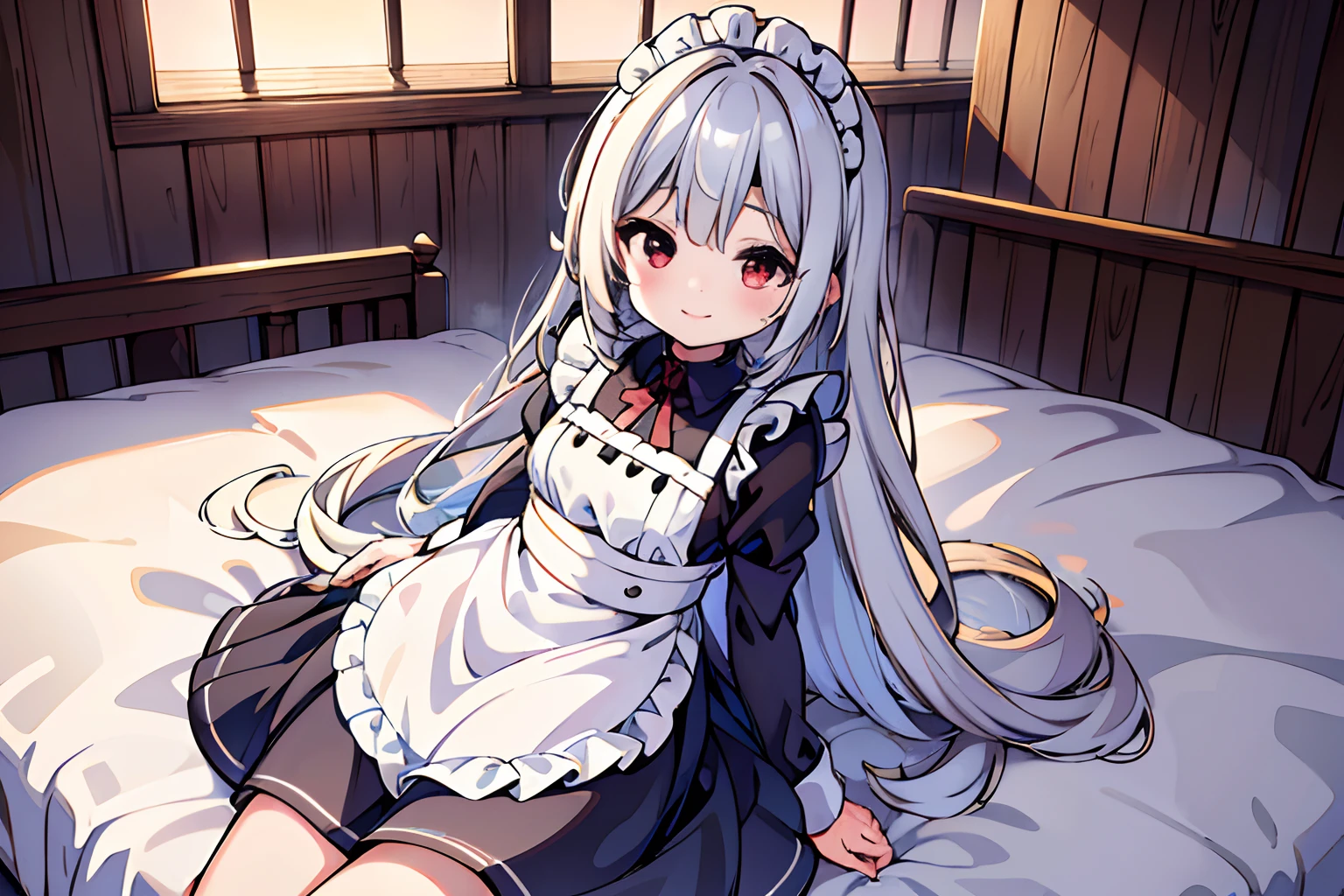 Silver-haired woman,Red Eyes,cute little,A smile,maid clothes,Whole body,adolable,frilld,Long hair,white backgrounid,a miniskirt,futon bedding,co-sleeping