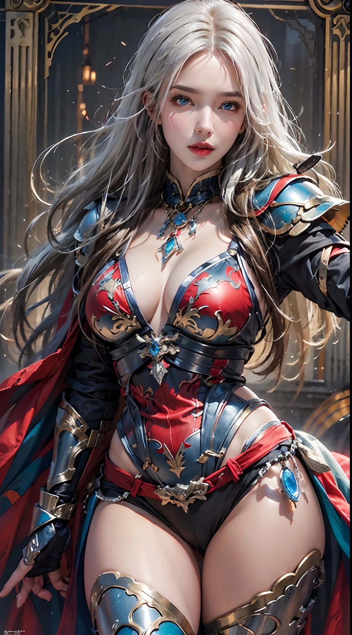 photorealistic, high resolution, soft lights, 1women, solo, hips up, blue eyes, full armor, red armor, cloak