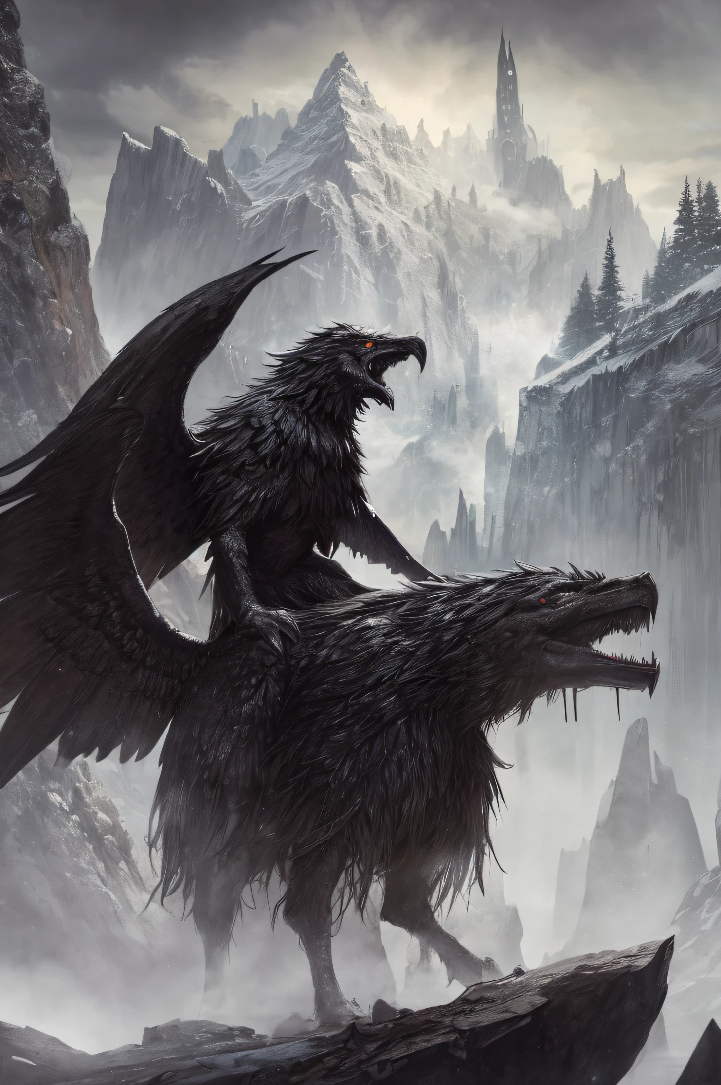 Cold scenario, Dark, death, Odin, fantasy creature, Scary creature, rocks, Dry, Dead Tree,mountain, Wallace, mist, spectral,Magic, Scary, Crows, intimidating,Inposing, superior, an artistic, Clouds, The Scary Way, Danger, ombre, dynamic, rich composition, Intricate, Detailed, shelter,landscape, Sketch, Incredibly beautiful sky, stars in thr sky,