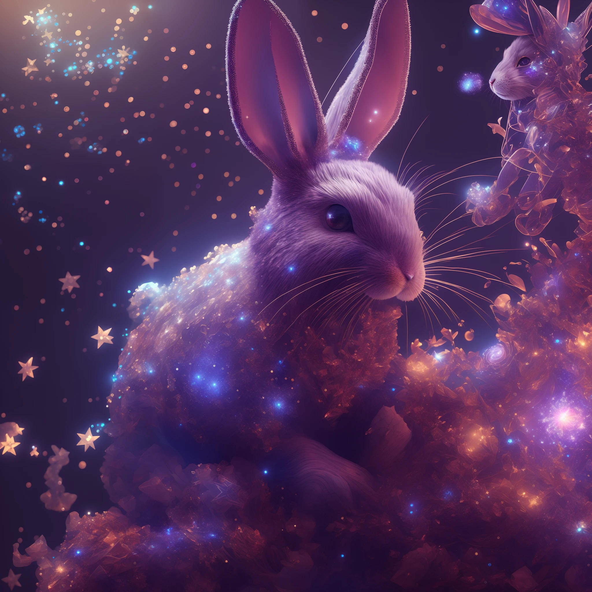 galaxias、spirals、Starskrim、Starcloud、Bright stars、Smoke and wind、glitters、Complicated details、full bodyesbian，[(The shape of a rabbit)+punk]、rendering by octane、ultra-realistic realism、Octane number plot、8K、illuminating、Fantasyart