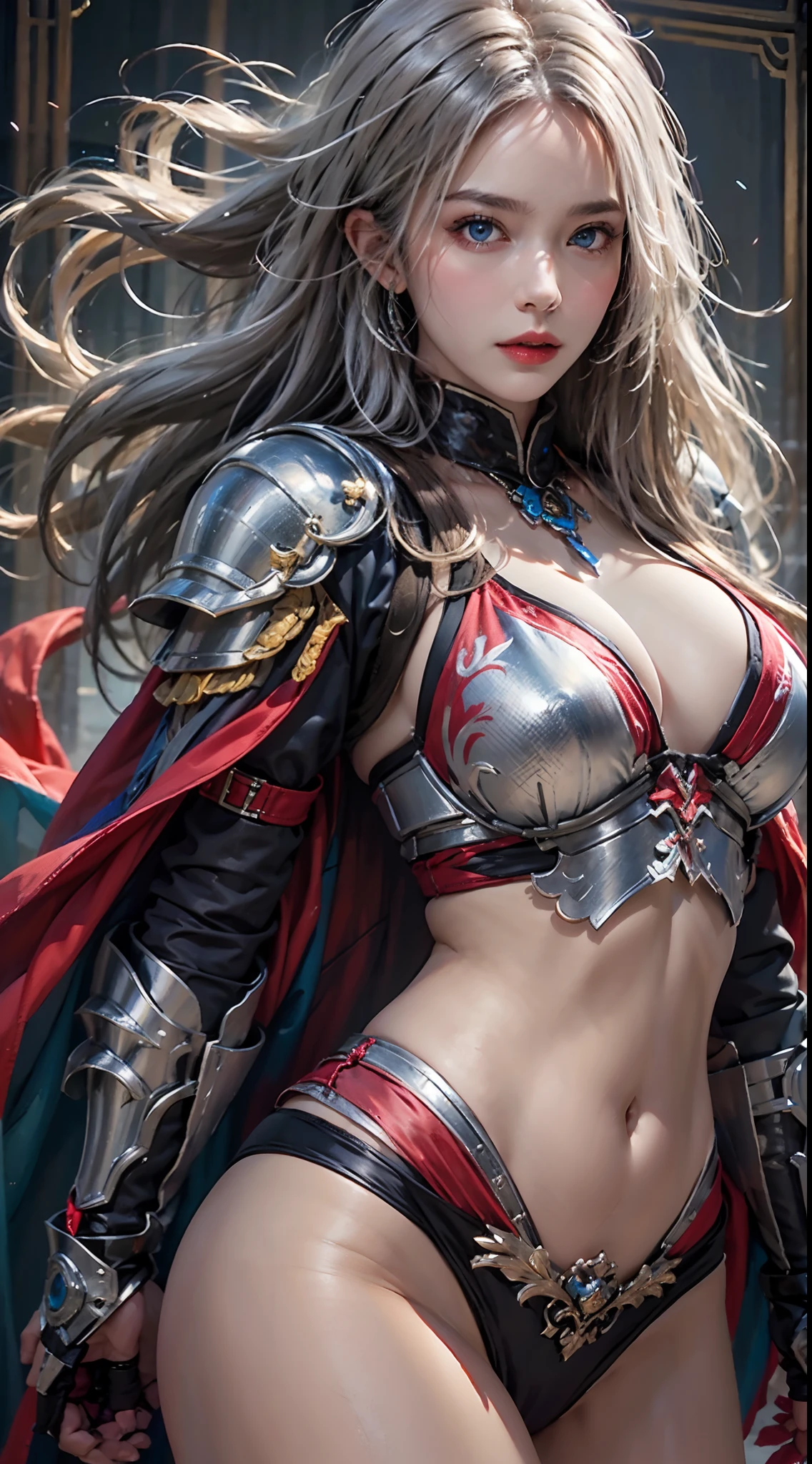 photorealistic, high resolution, soft lights, 1women, solo, hips up, blue eyes, full armor, red armor, cloak