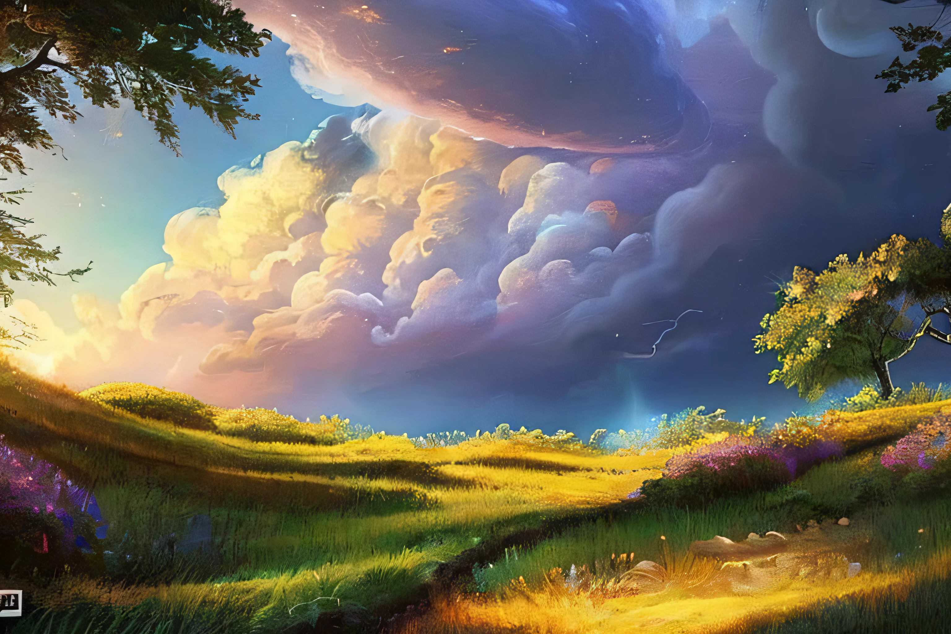 scene of a clouds, 3 people, bustling galaxy, great big storm, sunlight, glow, afternoon, scenery concept art, overgrowth. by Renoir , relaxing concept art, traditional classic concept art, a beautiful artwork illustration. high detail, background art, detailed concept art, environment design illustration, concept art highly detailed